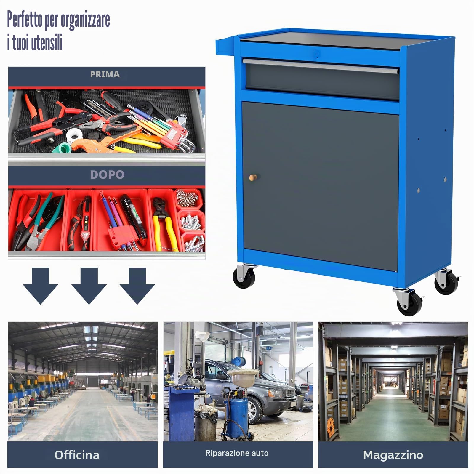AIRAJ Carrello Da Officina con 7 Cassetti,2 IN 1 Carrello da Officina con Ganci,2 Ruote Per Freni,Grande Capacità Adatta a Garage,Officine di Riparazione.