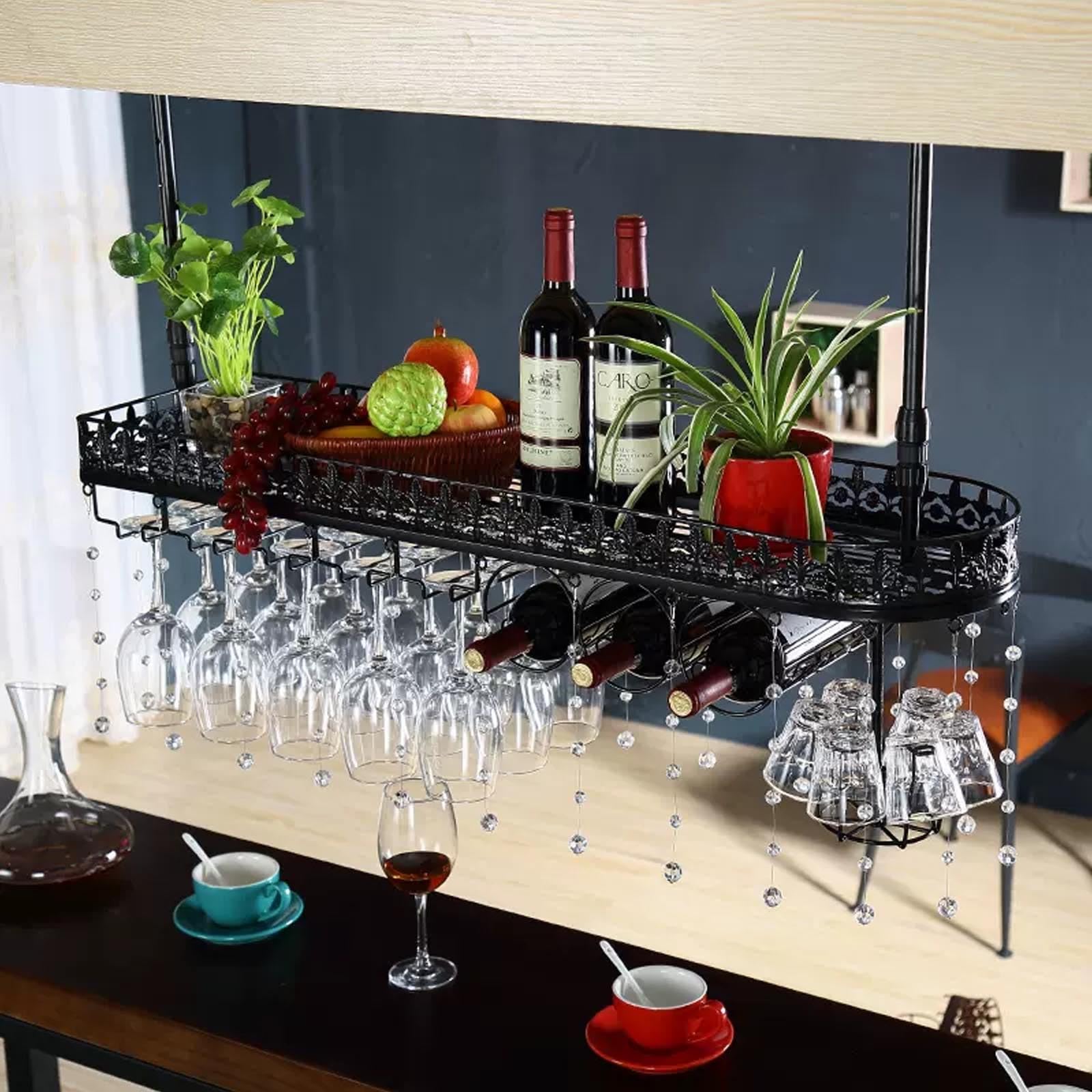 Casier à vin mural en métal moderne avec porte-verre suspendu pour étagère de plafond