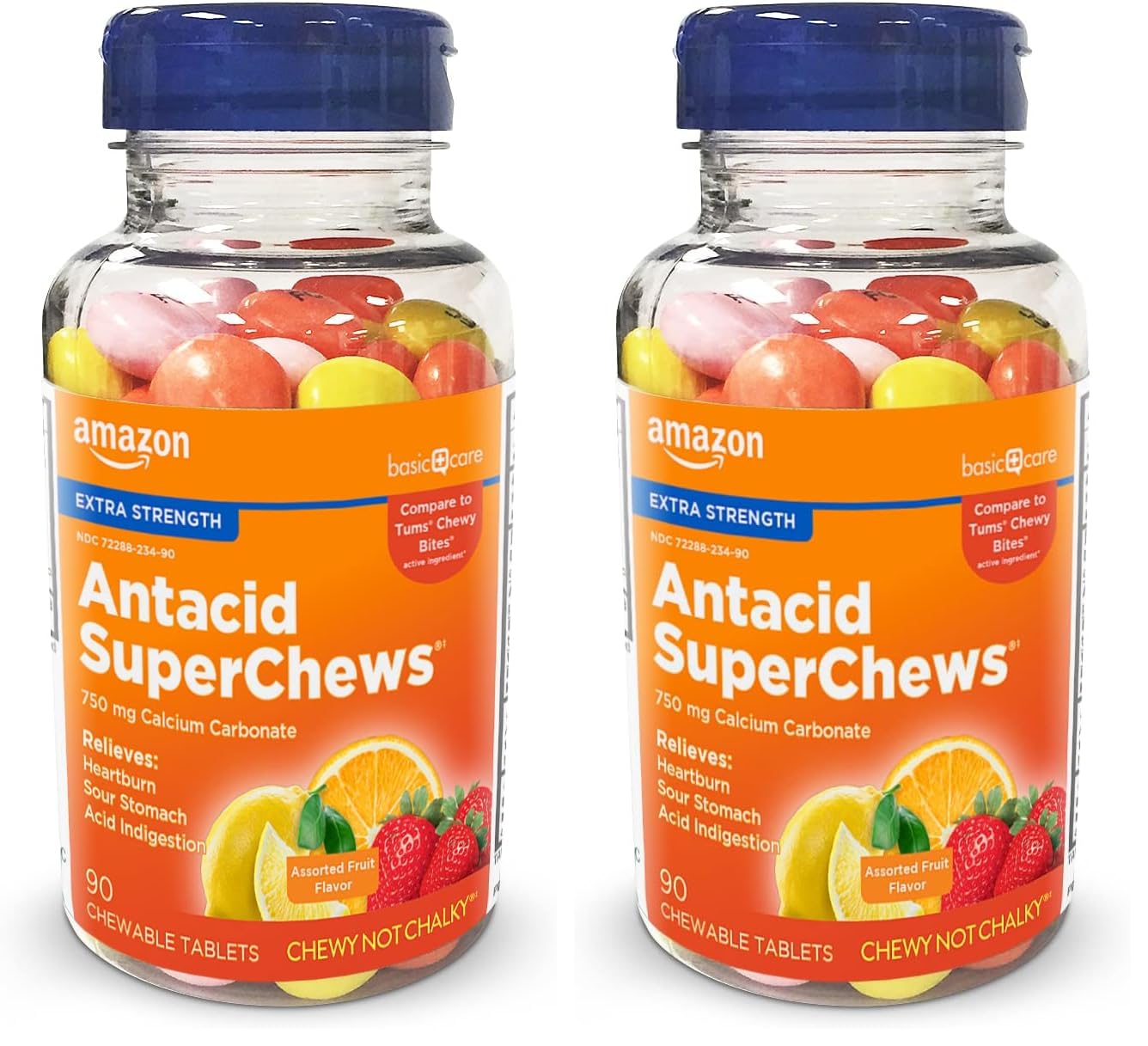 Amazon Basic CareExtra Strength Antacid SuperChews Chewable Tablets, Assorted Fruit, 90 Count (Previously SoundHealth) Orange, Pink, Yellow (Pack of 2)