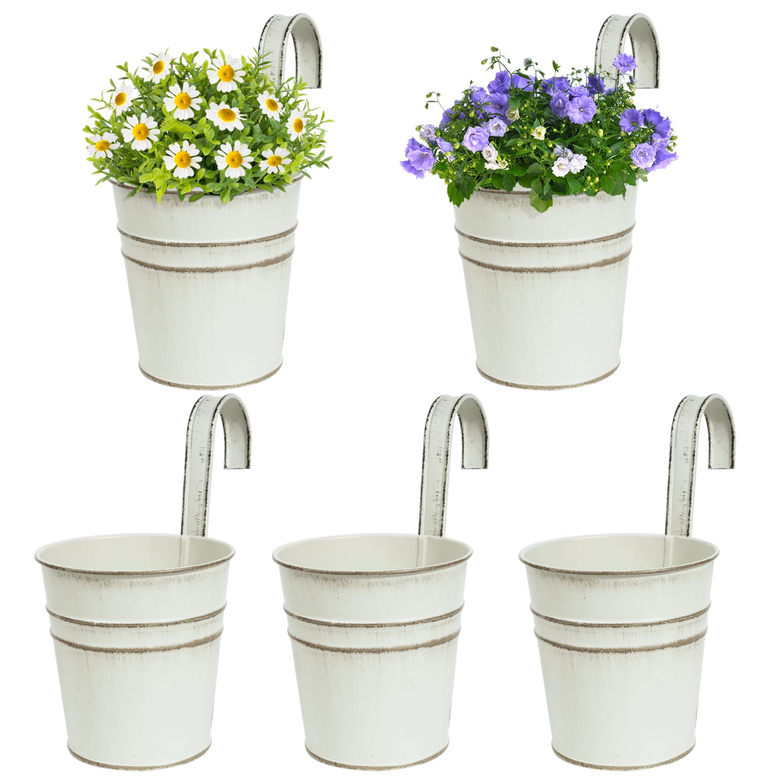 BOFUNX 5 Maceteros Colgantes de Hierro de Metal Macetas Pequeñas Colgar con Gancho con Orificio de Drenaje de Color Beige Vintage para Decoración Exterior Balcón Jardín Patio Pared Terraza