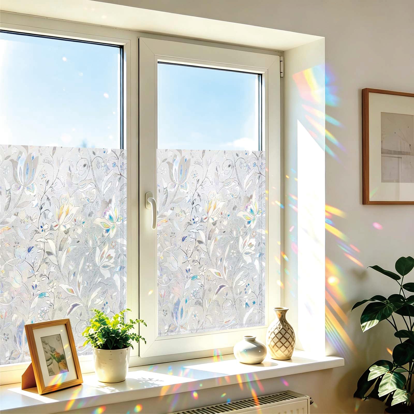 Colorful Opaque Privacy Film 65 x 240 cm Privacy Protection, Non-Adhesive Static Cling Removable Vinyl Heat Cotrol Anti Uv, Static Cling Decorative Glass Film for Kitchen, tulip