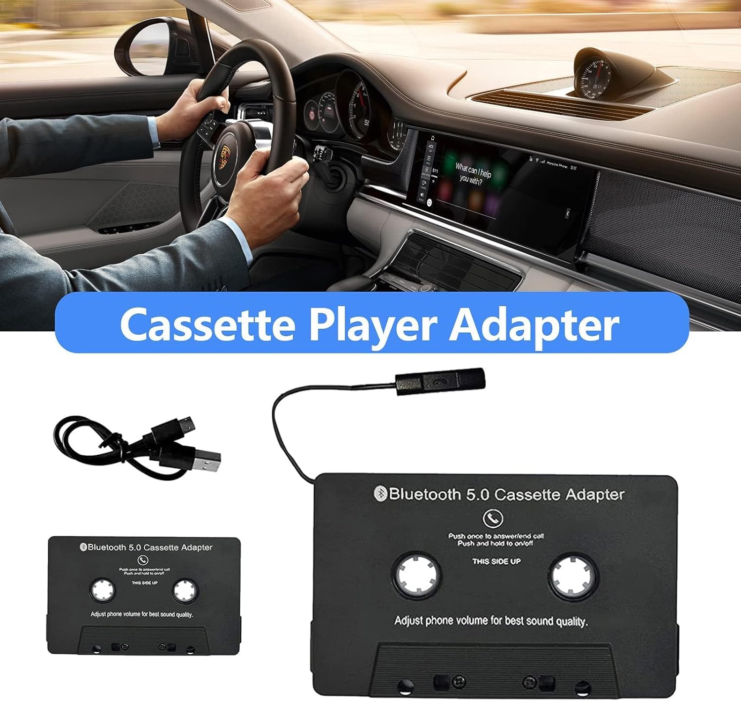 Adattatore Cassetta Autoradio BT 5.0, Aux Adaptador Cassetta Adattatore da Auto con Microfono per Chiamate Lettore di Cassette per MP3 CD Convertitore Radio