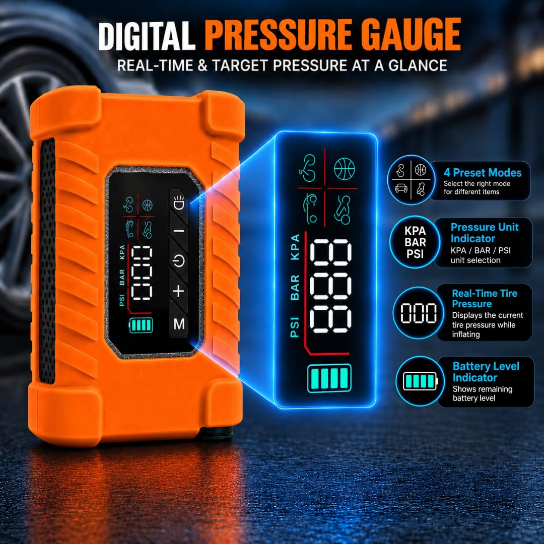 Gonfiatore portatile per pneumatici, senza fili, con manometro digitale, luce LED e spegnimento automatico, pompa elettrica per bici per pneumatici di moto e biciclette, compressore d'aria