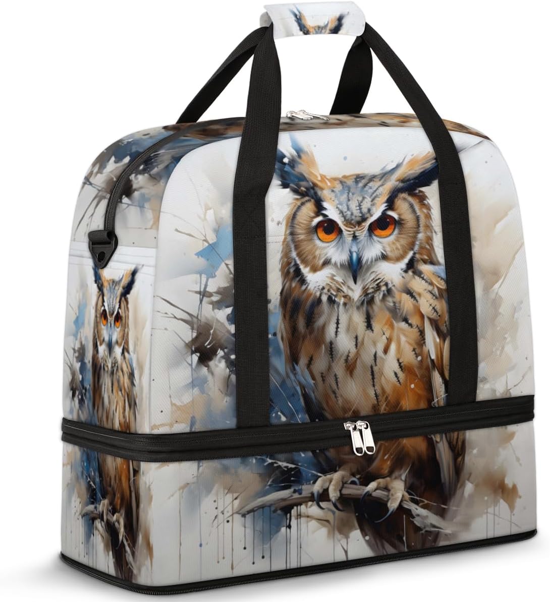 QsirBC Owl Theme Decor Gym Bag for Women Duffle Tote with Shoes Compartment Men Weekender Duffel for Dance Travel Sports Swimming Overnight