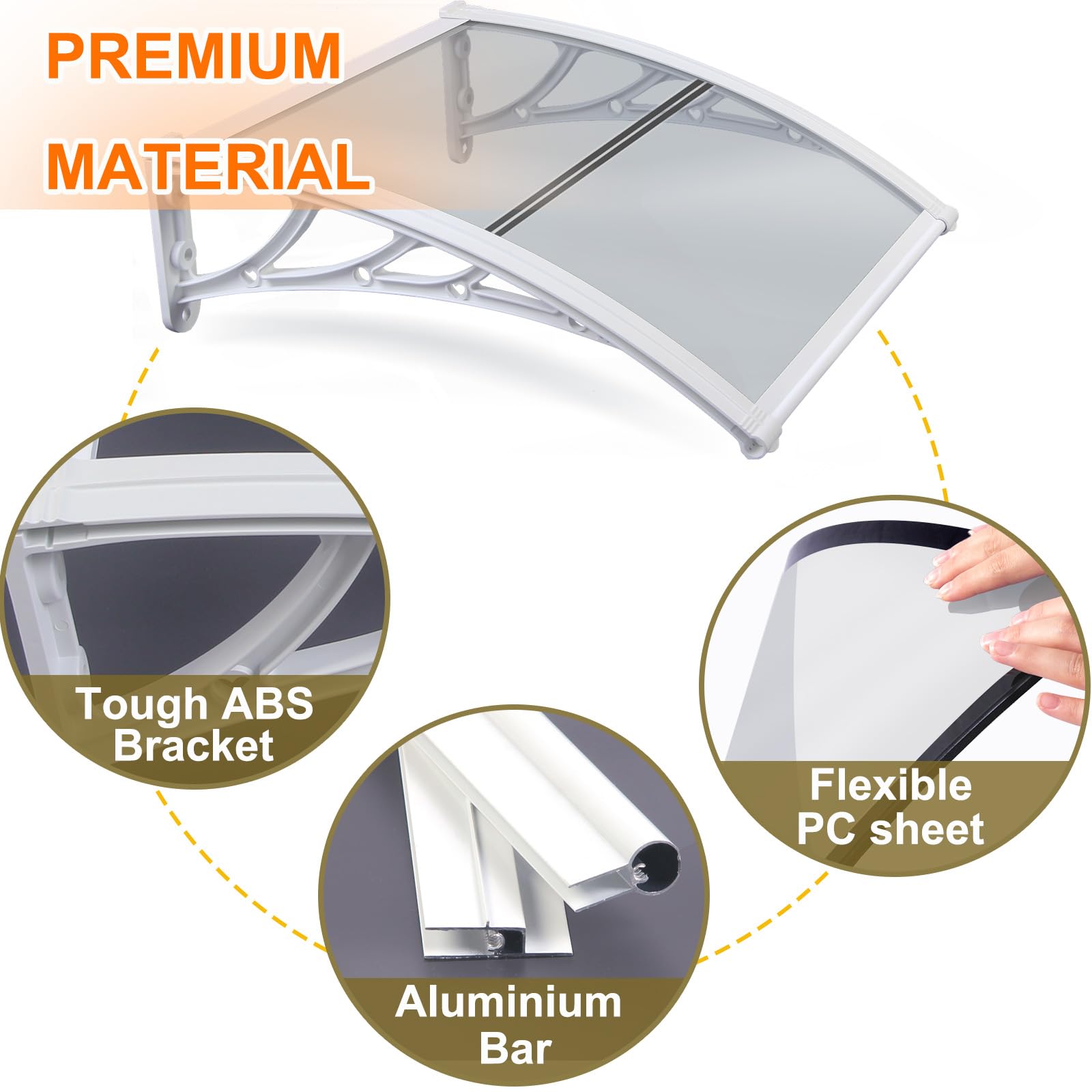 Pensilina Tettoia da Esterno per Porta e Finestra 100x280cm, Trasparente Policarbonato Copertura Resistente alle Intemperie, Protezione UV UPF 50+, Lastra Grigio, Staffa Bianco