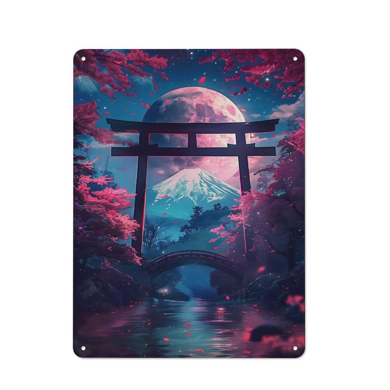 Junmoney Torii Gate Moonlit Shrine For Garden Room Or Summerhouse, Retro Metal Sign 40X30cm, For Metal Sign Collectors, For Vintage Wall Decor Fans