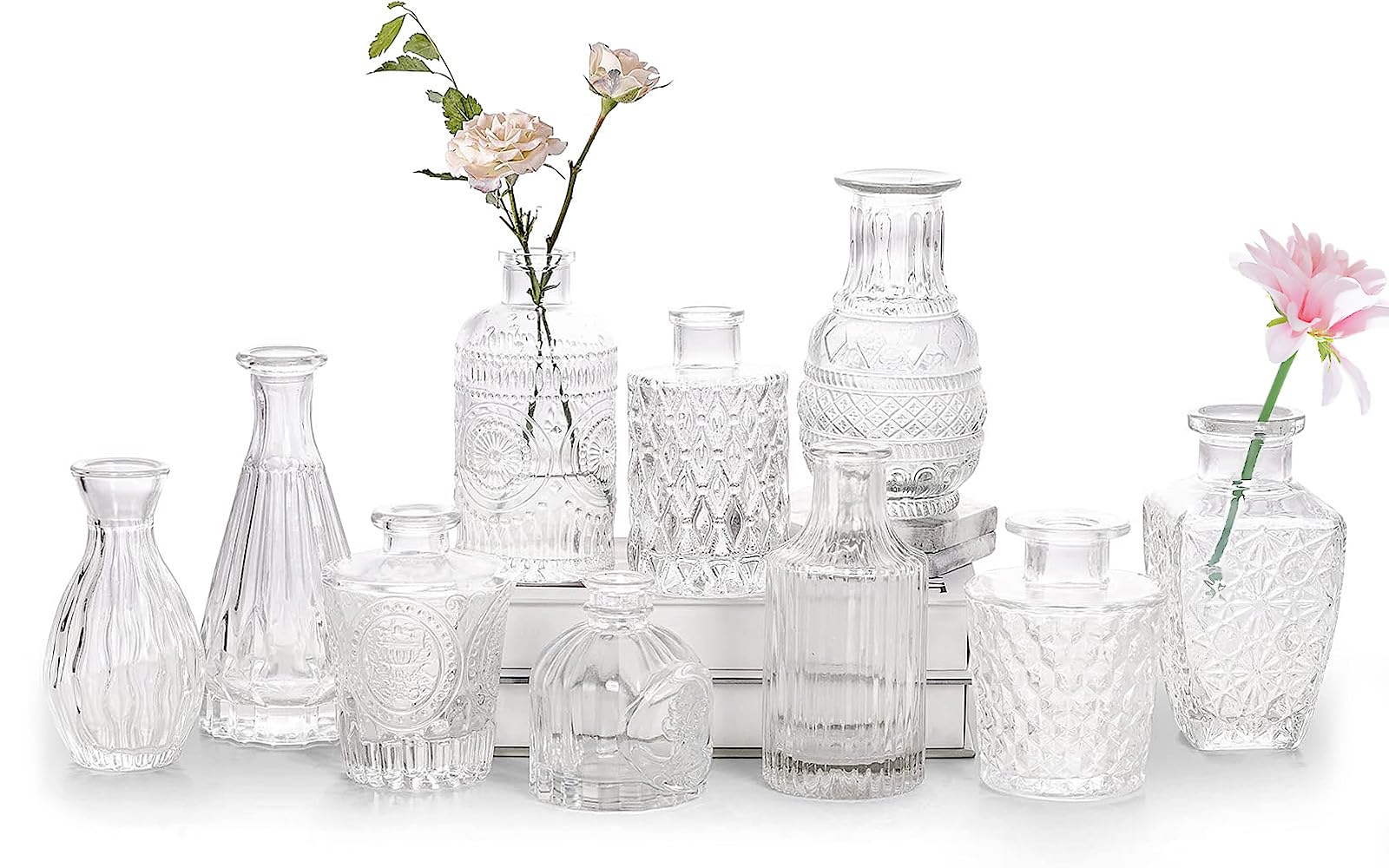 Glass Bud Vase Set of 10, Mini Clear Bud Vase for Centerpieces in Bulk, Small Vintage Flower Vases for Weddings Parties Home Table Decorative