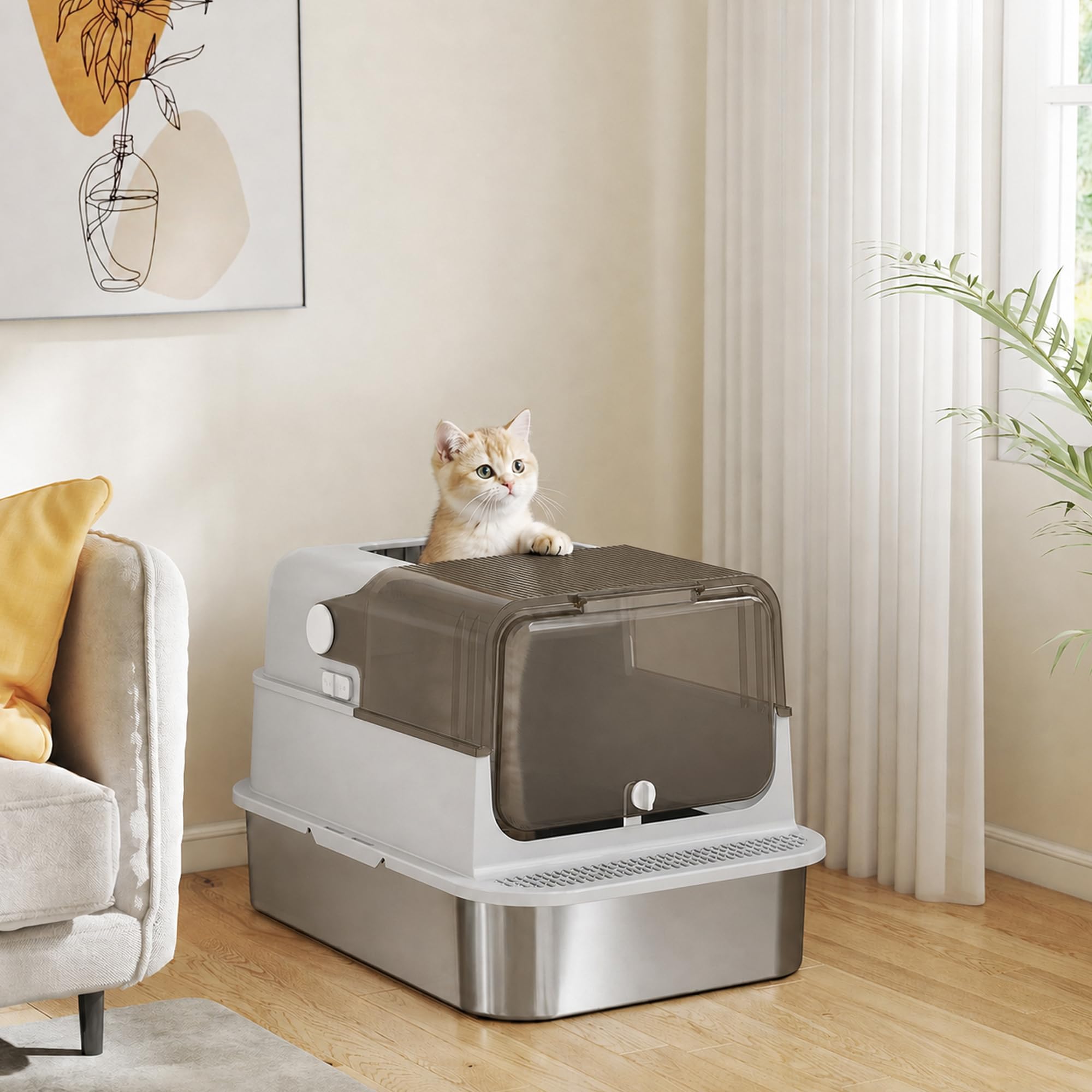 PawHut Maison de Toilette pour Chat XXL en Acier Inoxydable - Bac à Litière Fermé pour Grand Chat, Couvercle 90°, Double Porte, Filtre Frontal, Pelle - Facile à Nettoyer, 70x50x46,5cm, Gris
