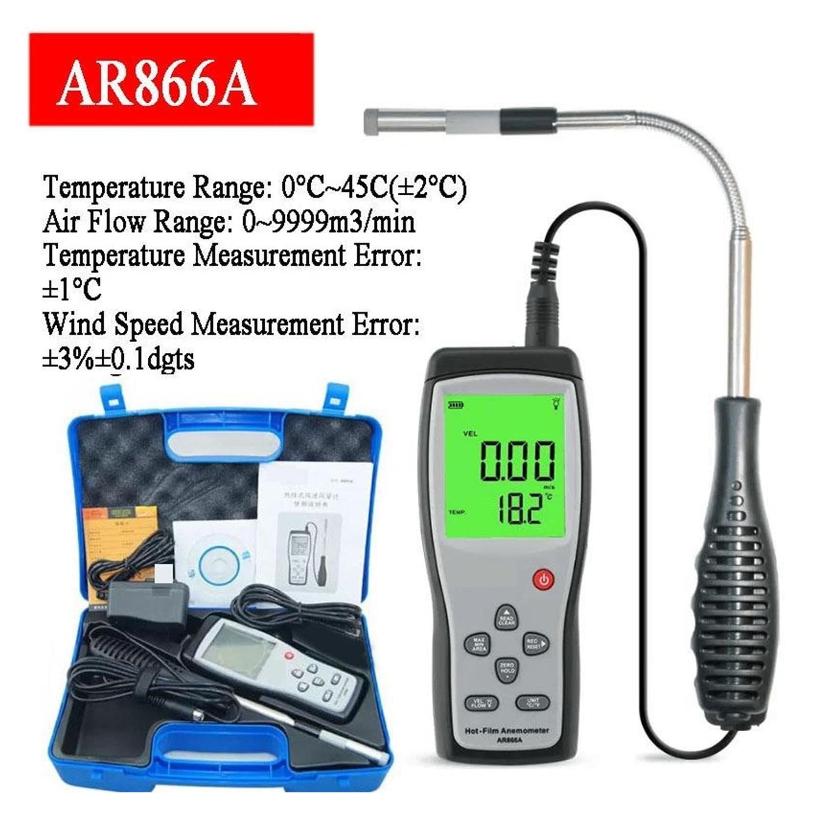 AR866A 0,0-30 M/S termoanemómetro de alambre caliente medidor de velocidad de flujo de aire 0~9999m3/min anemómetro térmico anemómetro con USB Para bricolaje