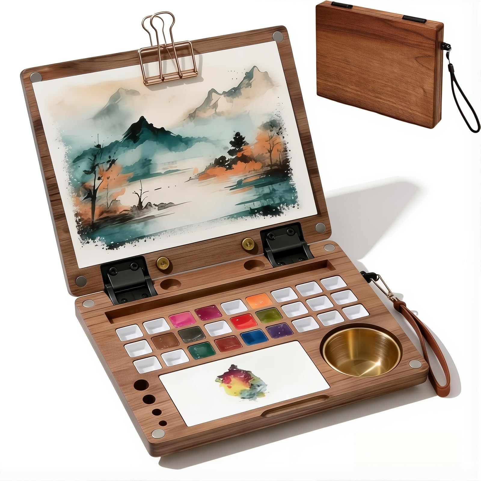 Caja de paleta de acuarela de madera, caja de pintura portátil de viaje con taza de limpieza de pinceles y clips de metal para pintura al aire libre