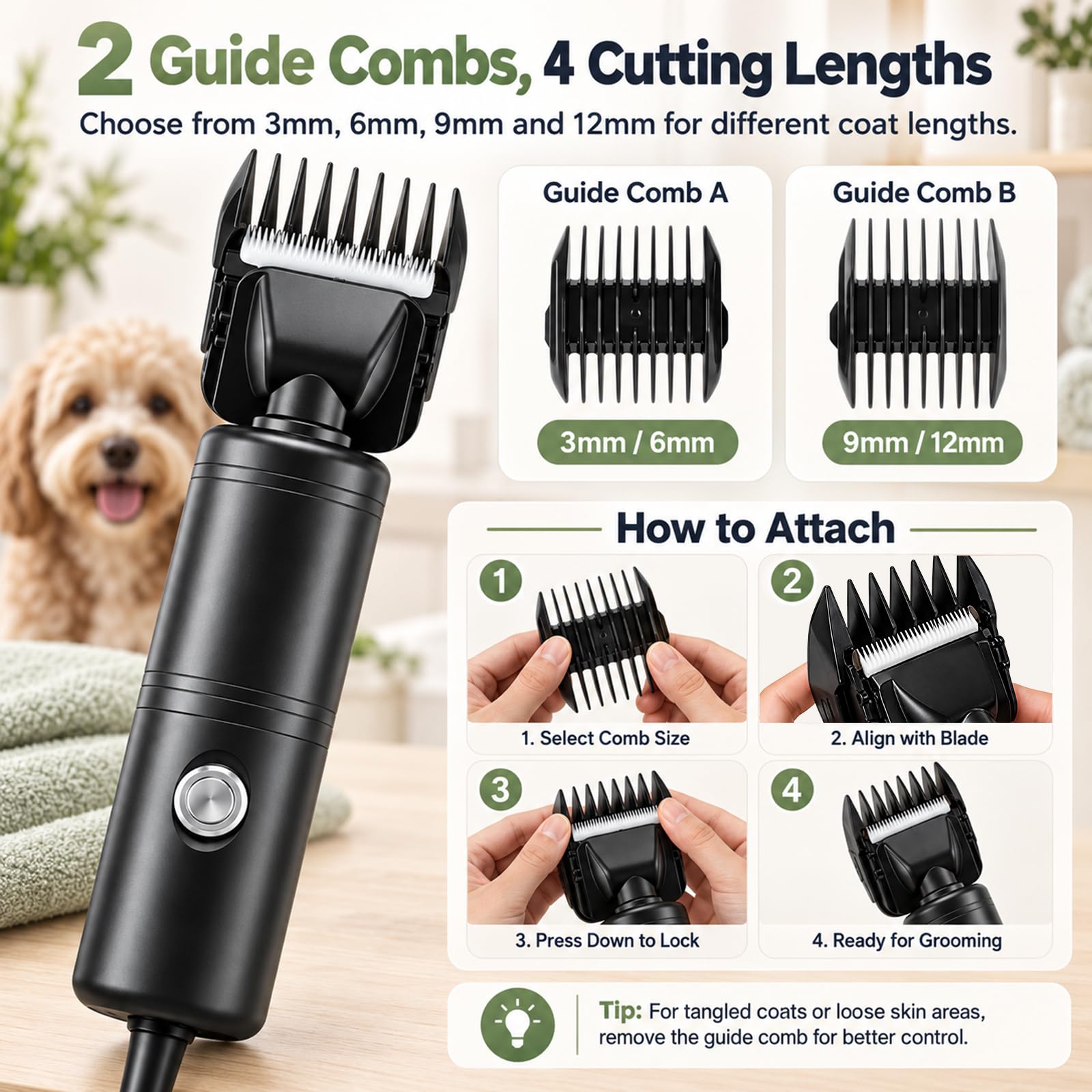 Tosatrice per Cani 200W, Tosatrice Silenziosa per Gatti con 2 Pettini Guida
