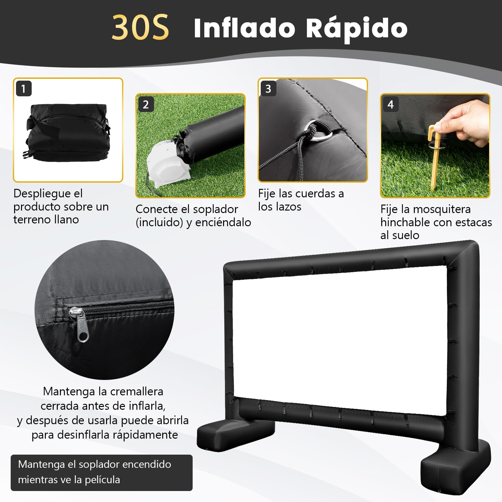 COSTWAY Pantalla Inflable para Proyector 16:9 327x183 cm Soplador de Aire Proyección Frontal y Trasera Exterior