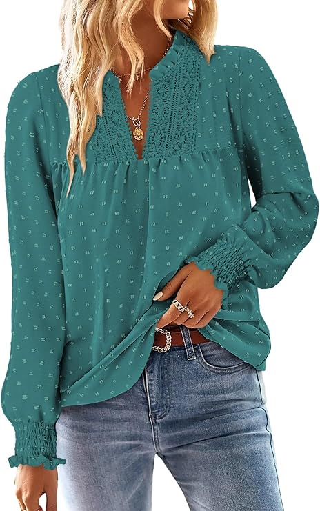 BETTE BOUTIK Women Boho Long Sleeve Shirts Dressy Casual V Neck Fall Fashion Tops Swiss Dot Flowy Blouses