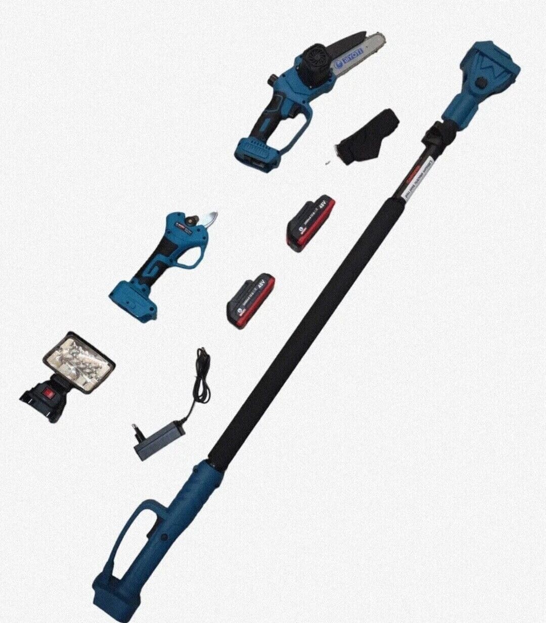 Kit Set per potatura a batterie forbice cesoie con 2 batterie e motosega 6" con asta telescopica + Luce led