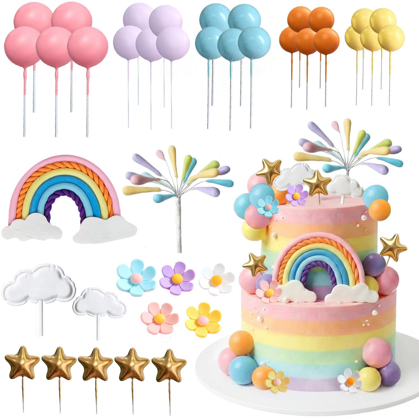 Cuxawamiyo Rainbow Decorations for Rainbow Cake Boho Cake Decorations with Pastel Colours Flowers Clouds Stars for Dessert Table Decoration Party Decoration