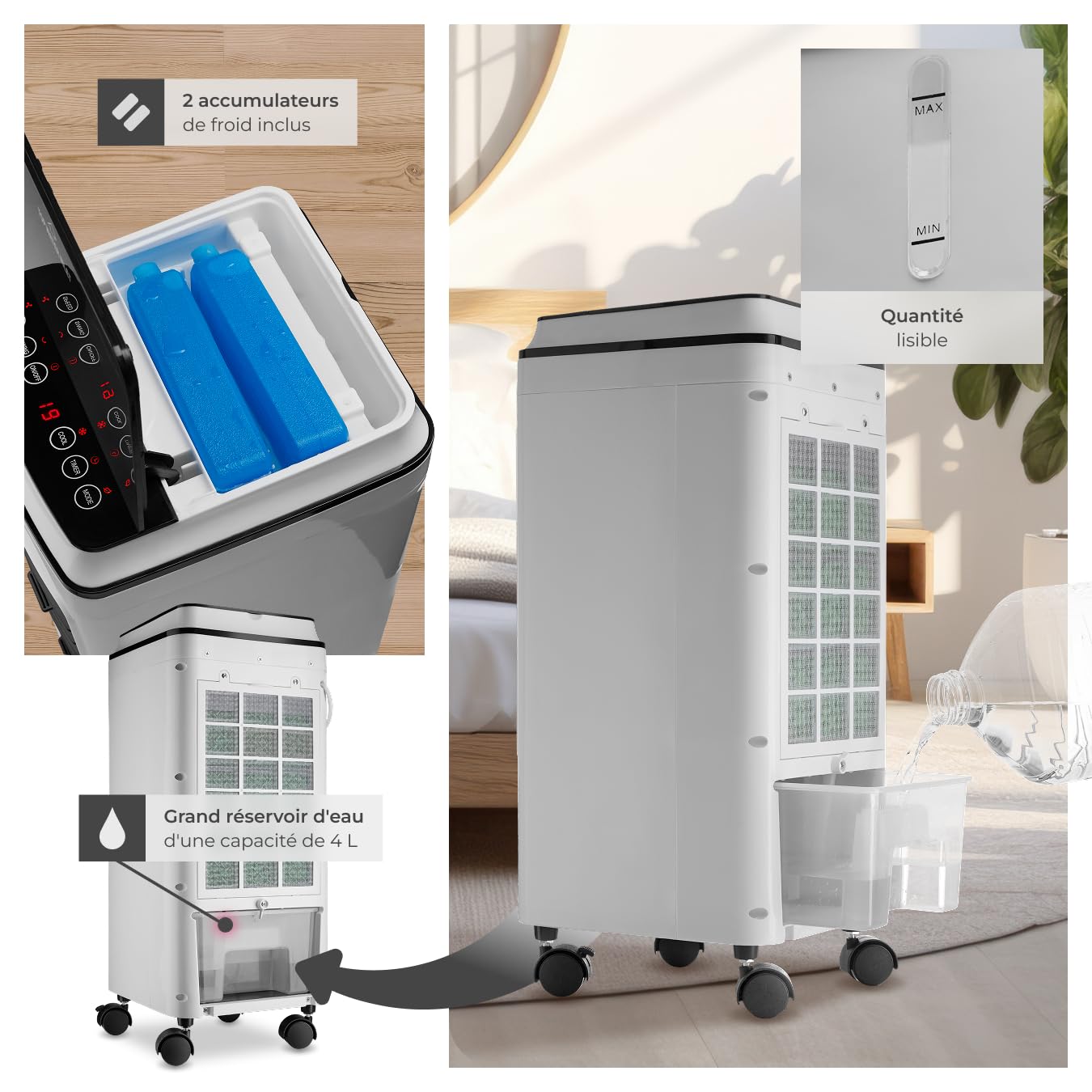 tectake® Rafraichisseur d'air Mobile sans évacuation 3 en 1 Ventilateur et Humidificateur 3 Programmes avec Télécommande Éclairage LED Ventilateur portable Ventilateurs pour Chambre Salon Bureau