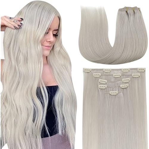 LAAVOO Blonde Hair Extensions Clip in Human Hair 20" Full Head #60 Platinum Blonde Clip in Hair Extensions Human Hair Double Weft 5pcs/70g