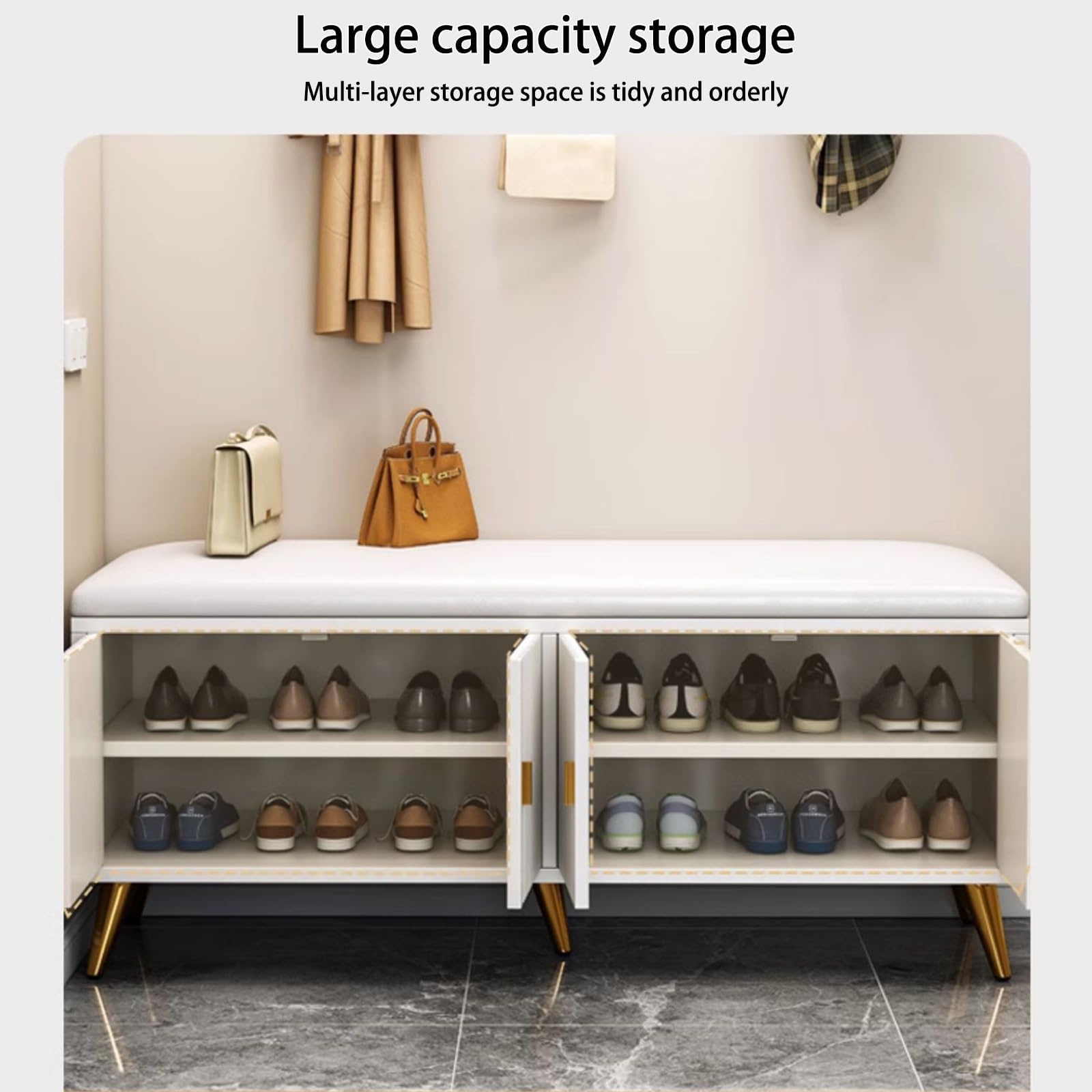 Elegancki nowoczesny regał na buty z ukrytym schowkiem, wąska szafka wejściowa na wysokie obcasy, stylowy organizer do przedpokoju (90 x 50 x 30 cm, biały)