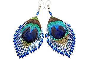 Iridescent Peacock Feather Earrings: Fashion Jewelry with Hand Beaded Blue Color Beads