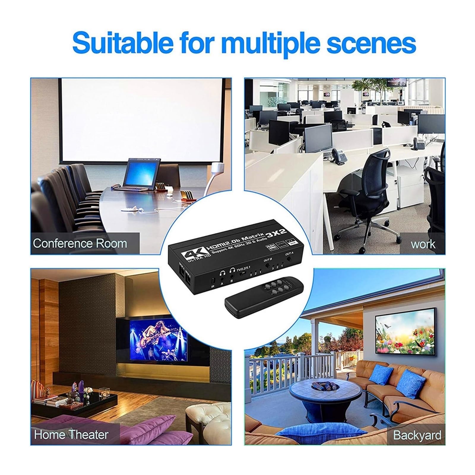 Interruttore video, Matrix Switch Splitter con SPDIF e L/R 3,5 mm HDR HDMI2.0 3x2 Supporto HP 2. ARC 3D 4K@60Hz for PS5 per uffici domestici, data center(Plu-g)