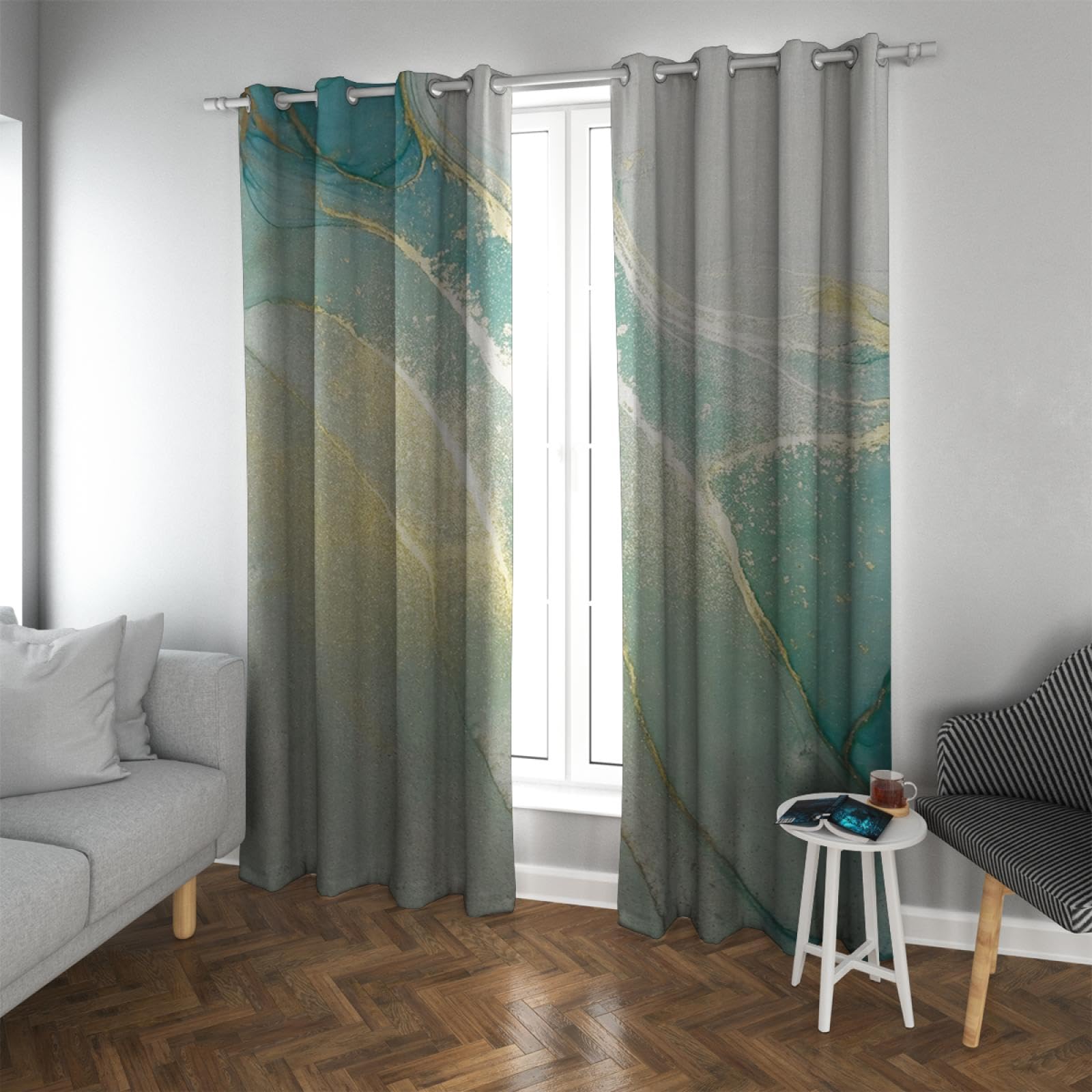 Gold Abstract Art Full Blackout Curtains Green Gradient Marble Texture Thermal Insulated Energy Saving Curtain Tiers Long Curtains W55 x L54 in 2 Panels
