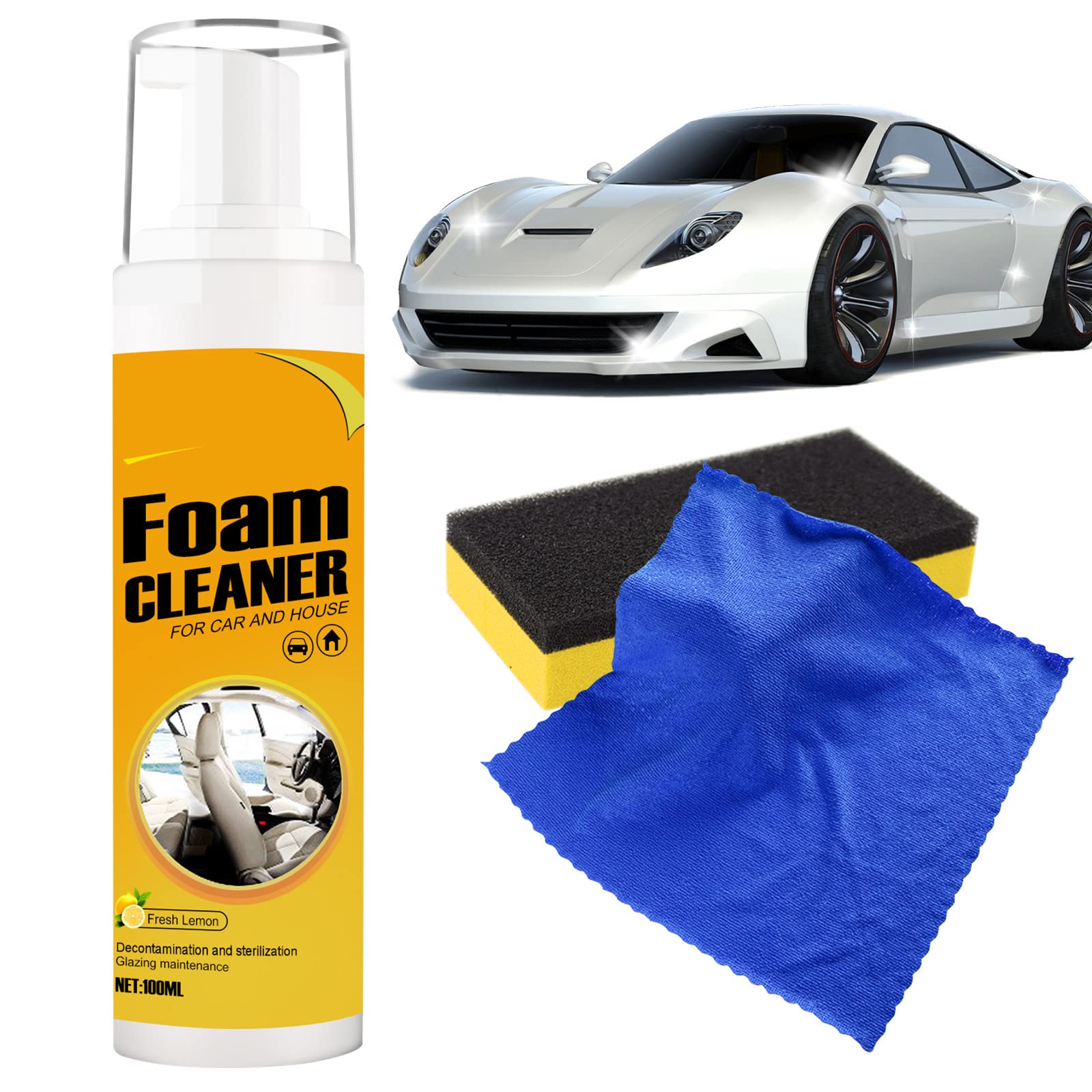 Foam Cleaner, Multifunctional Spray Car Foam Cleaner, Car Interior Ceiling Leather Seat Lemon Flavor Cleaner Foam for Car, Kitchen, Bathroom and House (100ml)