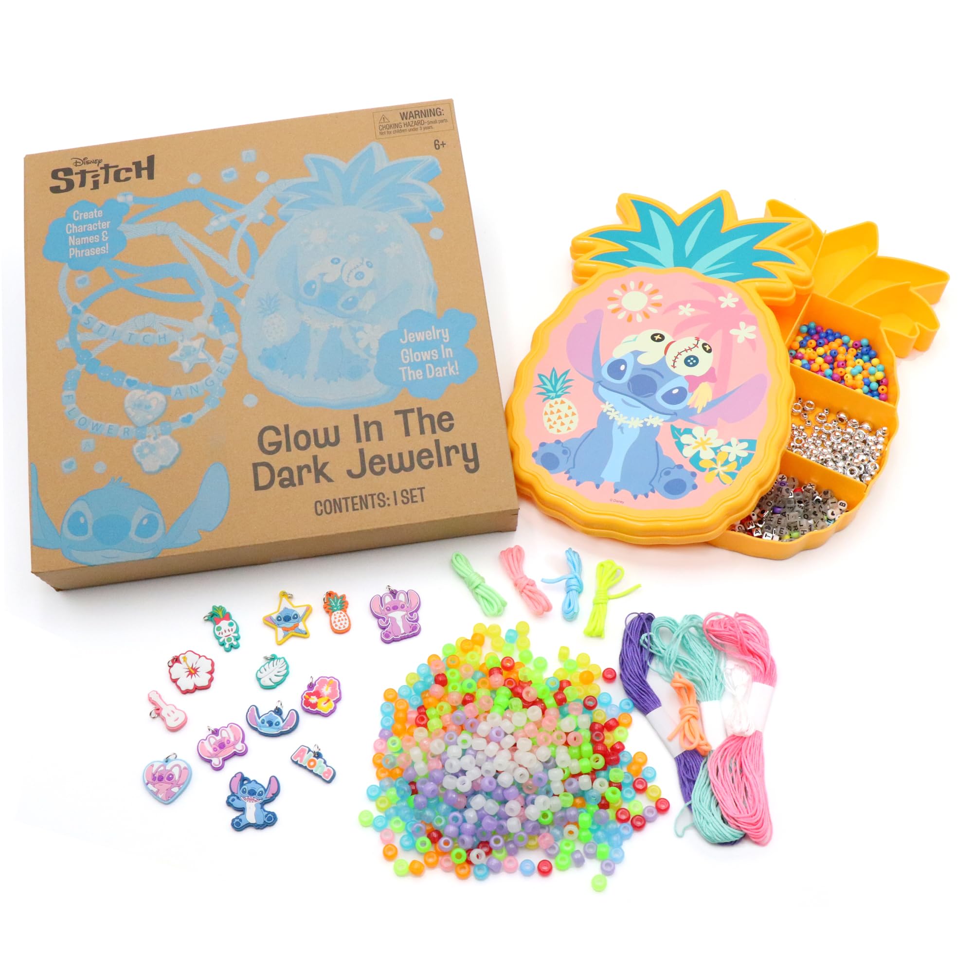 Tara Toys Disney Stitch Glow in The Dark Jewelry Activity Set | DIY kit with alphabet beads, charms and cording for custom Lilo & Stitch necklaces and bracelets. Ages 6 and up