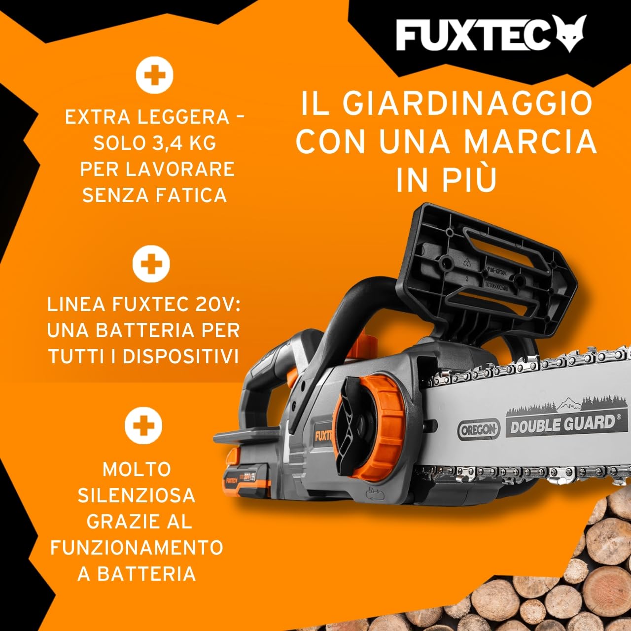 Motosega a batteria 20V FUXTEC FX-E1KS20 – con batteria e caricatore – lunghezza di taglio 24 cm (10 pollici) velocità della catena di 5m/s – leggera e compatta