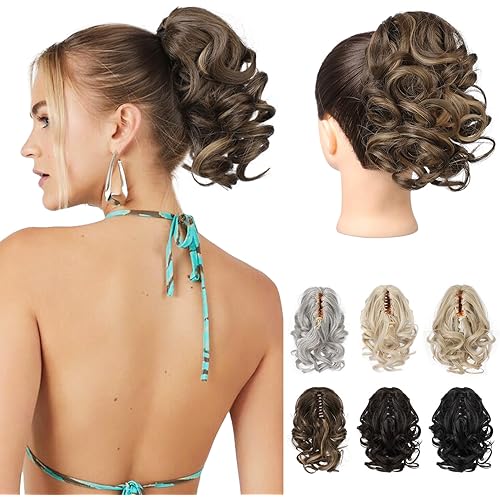 FLUFYMOOZ Ponytail Extension, 9" Short Claw Clip Curly Pony Tail Extension Jaw Ponytail Hairpiece for women (Chocolate Brown with Highlights)