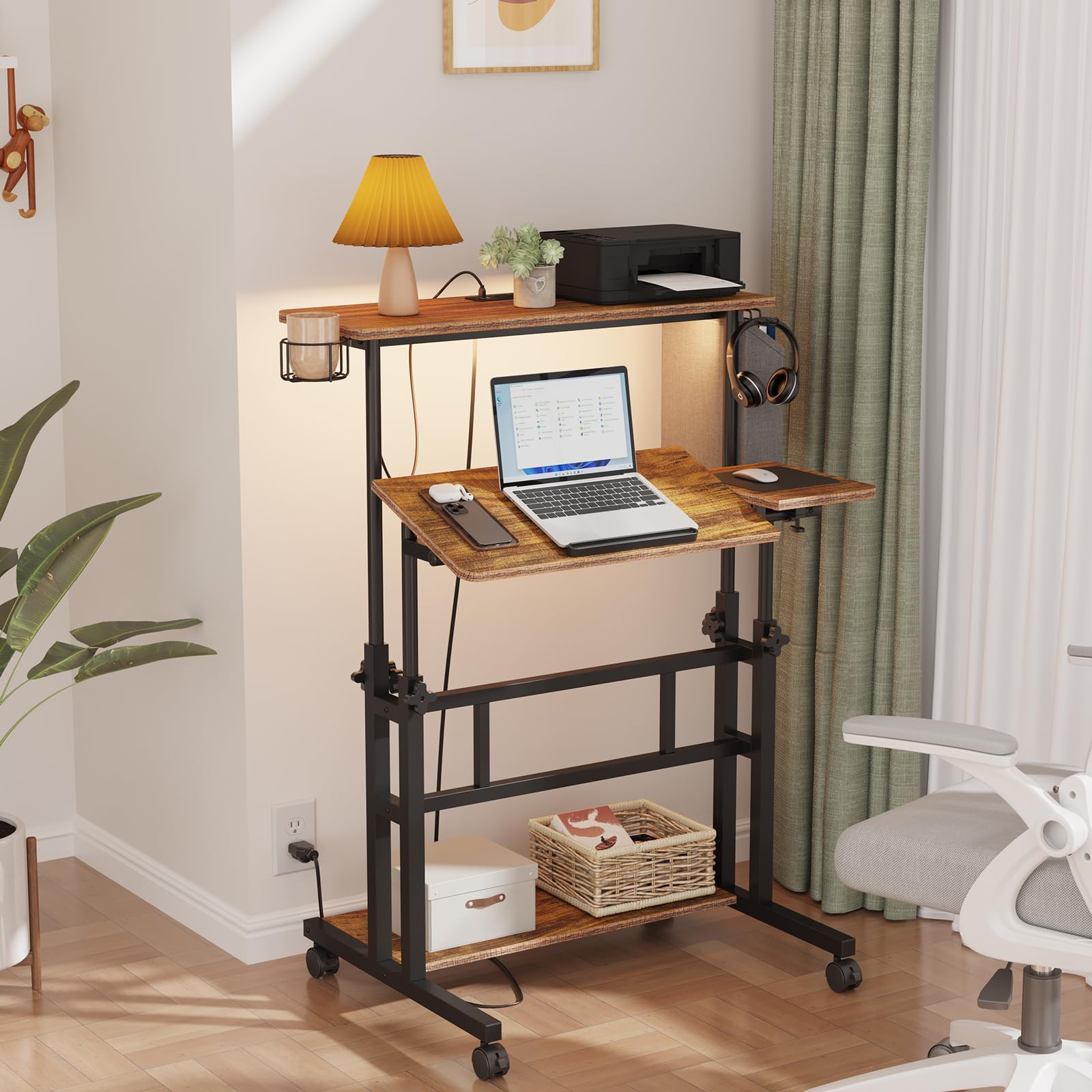 Dripex Stehpult Höhenverstellbar mit Steckdosen, Sitz-Steh Schreibtisch mit Rollen, LED Stehtisch mit neigbar Tischplatte, 80x60cm Laptoptisch Workstation für Zuhause und Büro, Vintage Braun