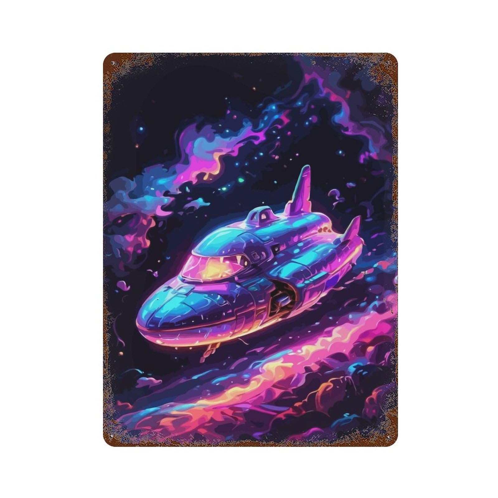 Colorful Spaceship Rustic Tin Plaque 15.7"x11.8", Ideal for Shed, Workshop And Garage Wall Decor
