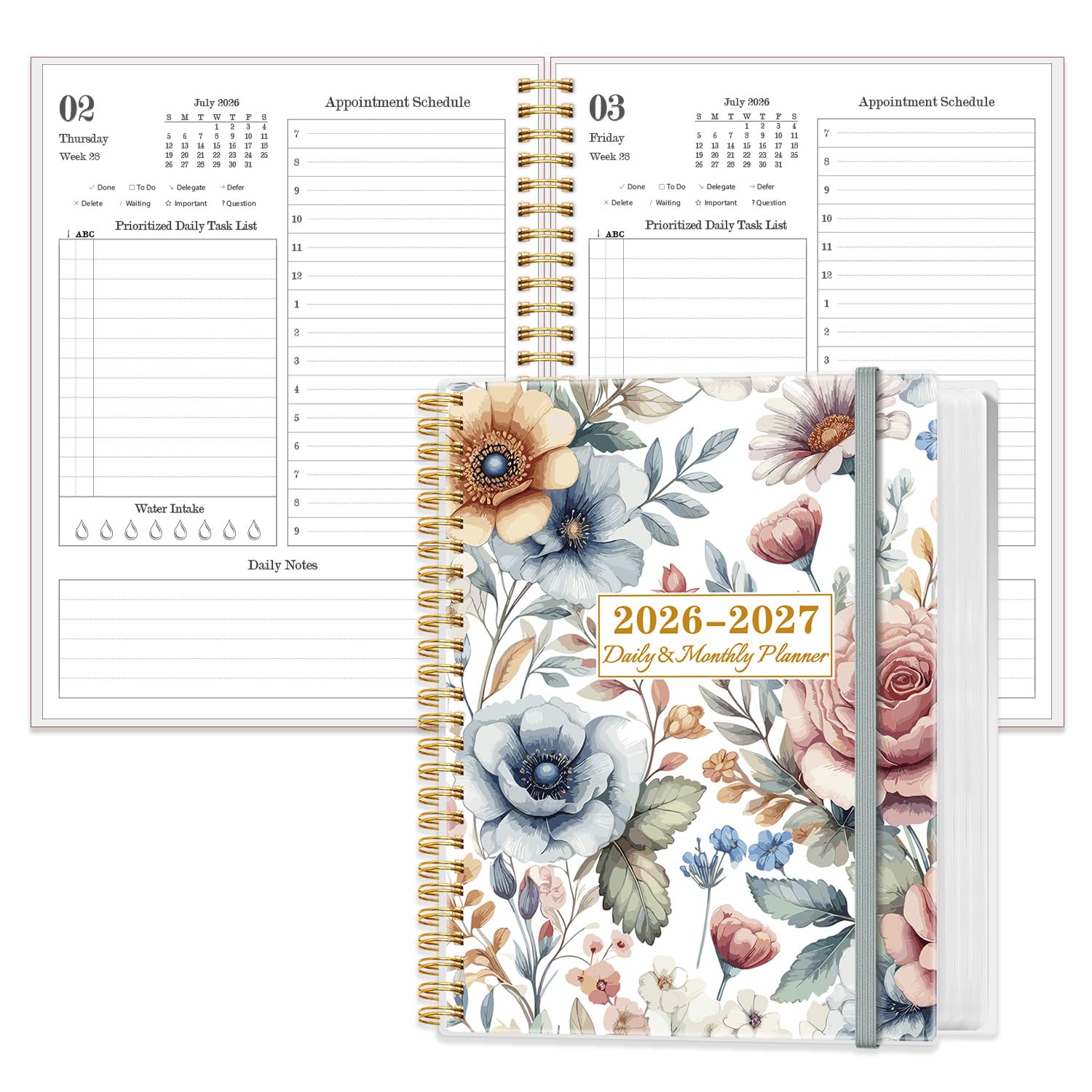 Photo 1 of 2026-2027 Daily & Monthly Planner Calendar - Daily Planner Calendar One Page Per Day from July 2026 to June 2027, Flexible Cover, 7" x 10", Storage Pocket, Colorful Large Flower