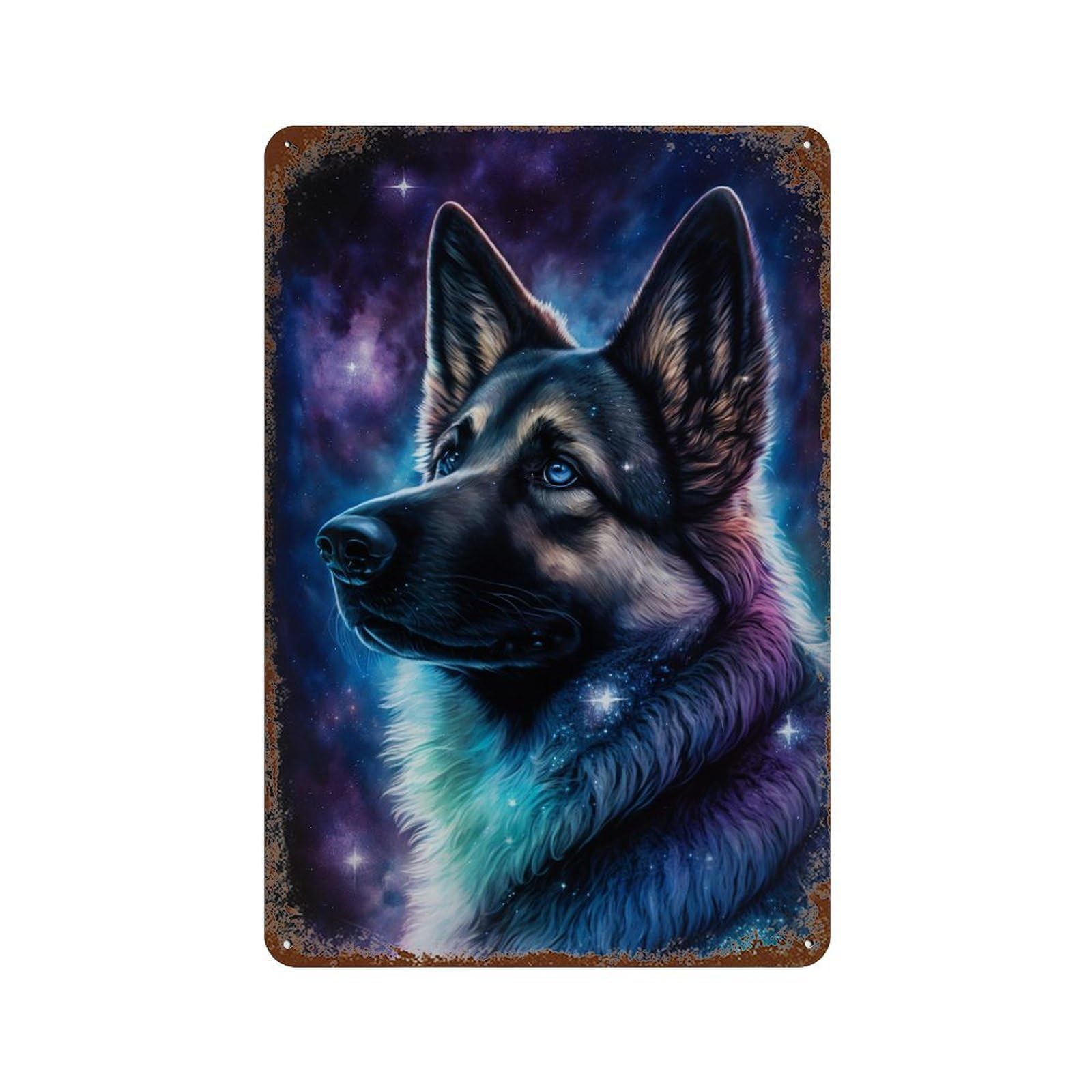 Retro Metal Sign with Galactic Guardian Wolf Art Print Design 11.8"x7.9", for Farmhouse, Kitchen And Entryway Decor, Shabby Chic Decor