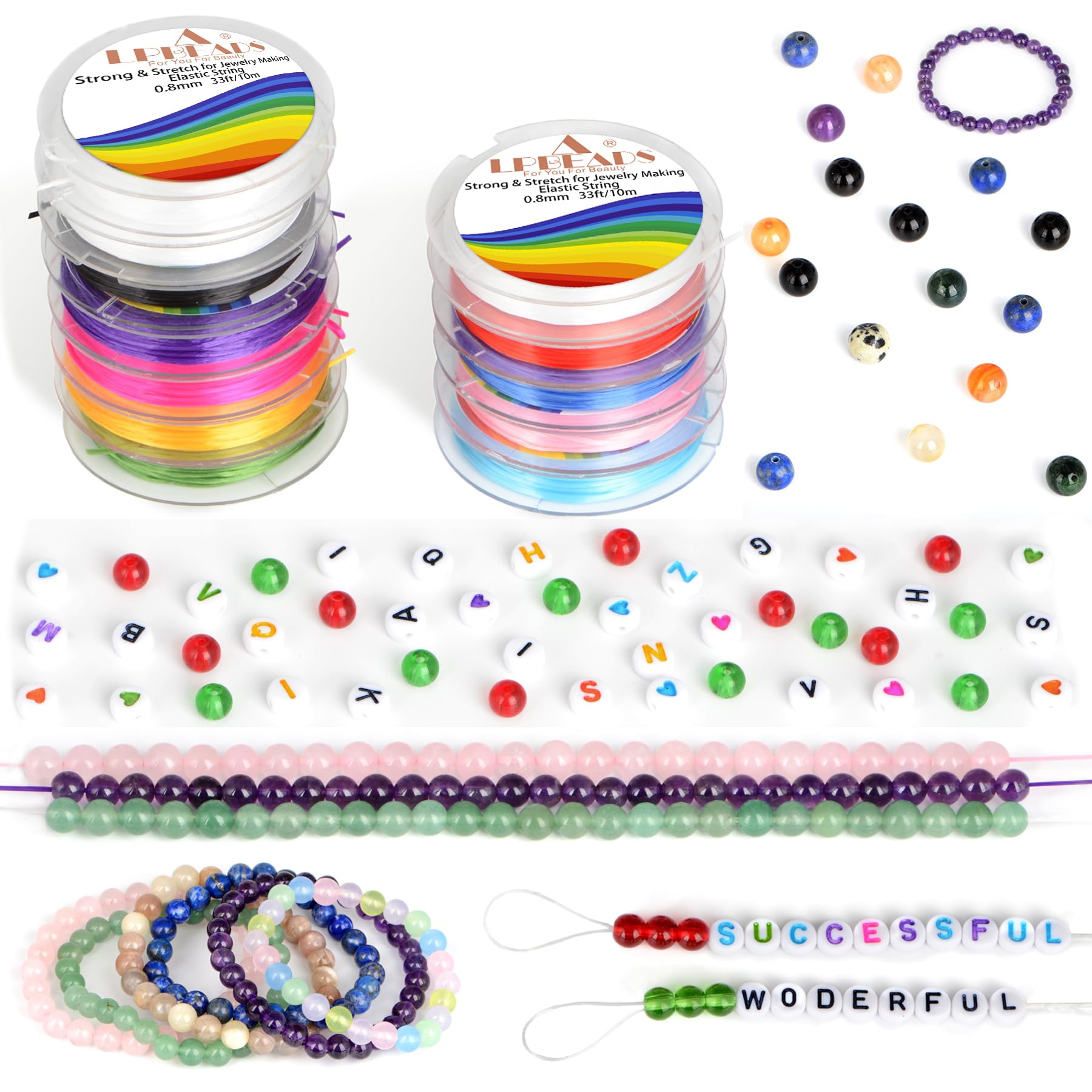 LPBeads 12 rollos de cordón elástico de 0,8 mm para hacer pulseras y joyas con agujas de cuentas y regla