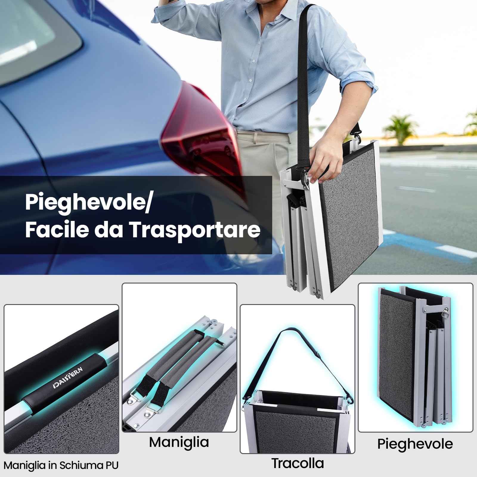 DAISTERN Rampa Auto per Cani Pieghevole 170 x 44cm, Scala Portatile Cani Macchina con Superficie Morbida Antiscivolosa, Telaio in Alluminio, Dog Stair Ramp Pedana per Cane Piccola Media Grande