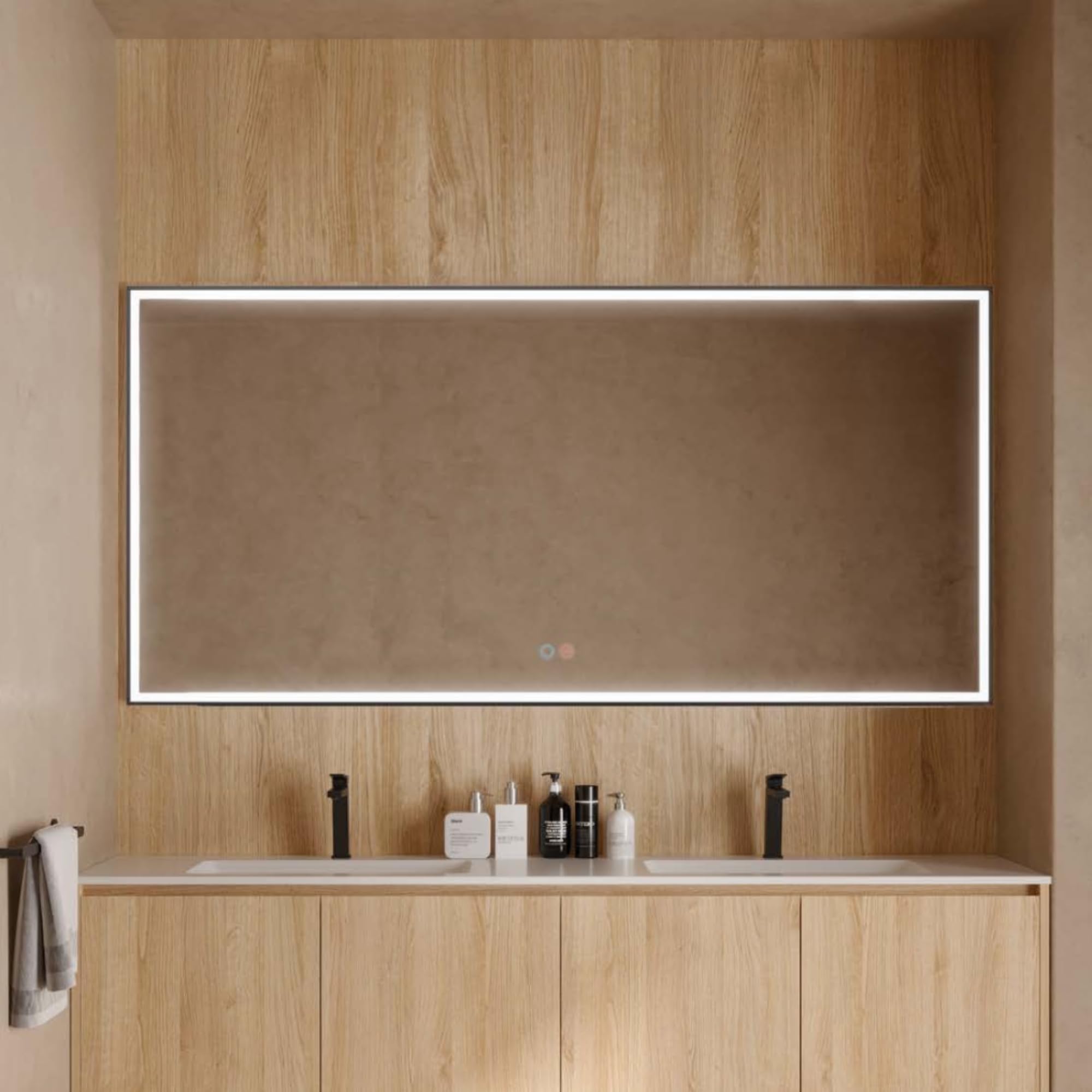 LEDIMEX - Espejo Baño con Luz LED y Antivaho 100x80cm | Espejo Cuarto de Baño con Luz Frontal Bi-LED (Cálida, Neutra y Fría) | Espejo Rectangular de Pared con Marco Arenado para Mueble