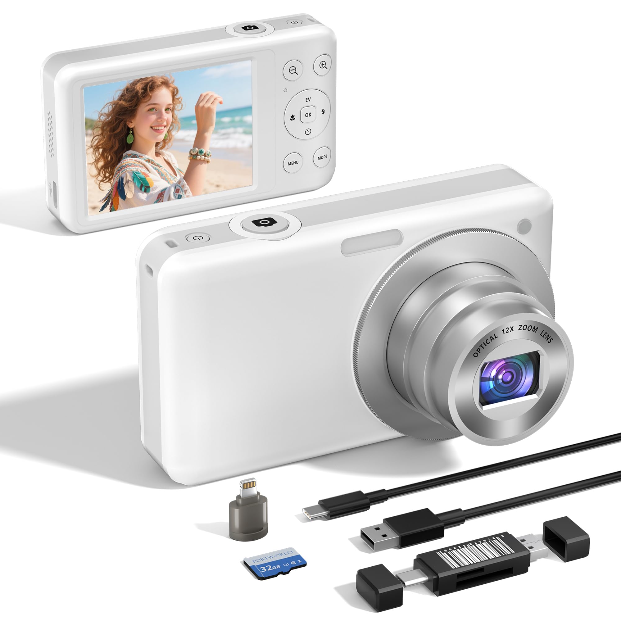 Fotocamera digitale 4K 64MP: fotocamera compatta portatile con zoom ottico 12x, autofocus e anti-shake tascabile, per viaggi, adolescenti, studenti, adulti, scheda da 64 GB inclusa