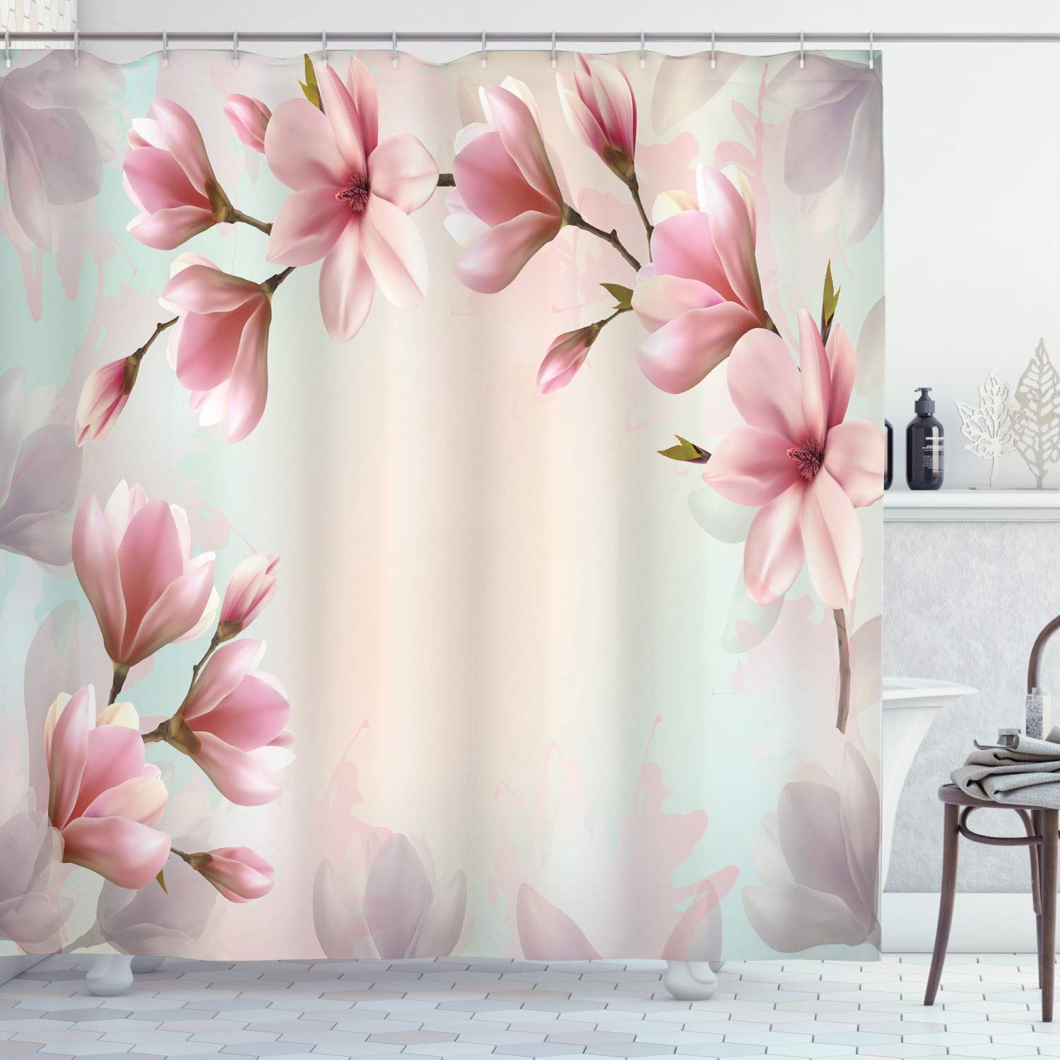 ABAKUHAUS Magnolia Shower Curtain, Double Exposure Effect Fragile Pink Petals and Sprouting Branches