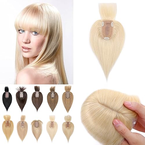 S-noilite Toppers de cabello humano de densidad del 150 % con flequillo, base de seda, clip en la parte superior con clip para mujeres con cubierta