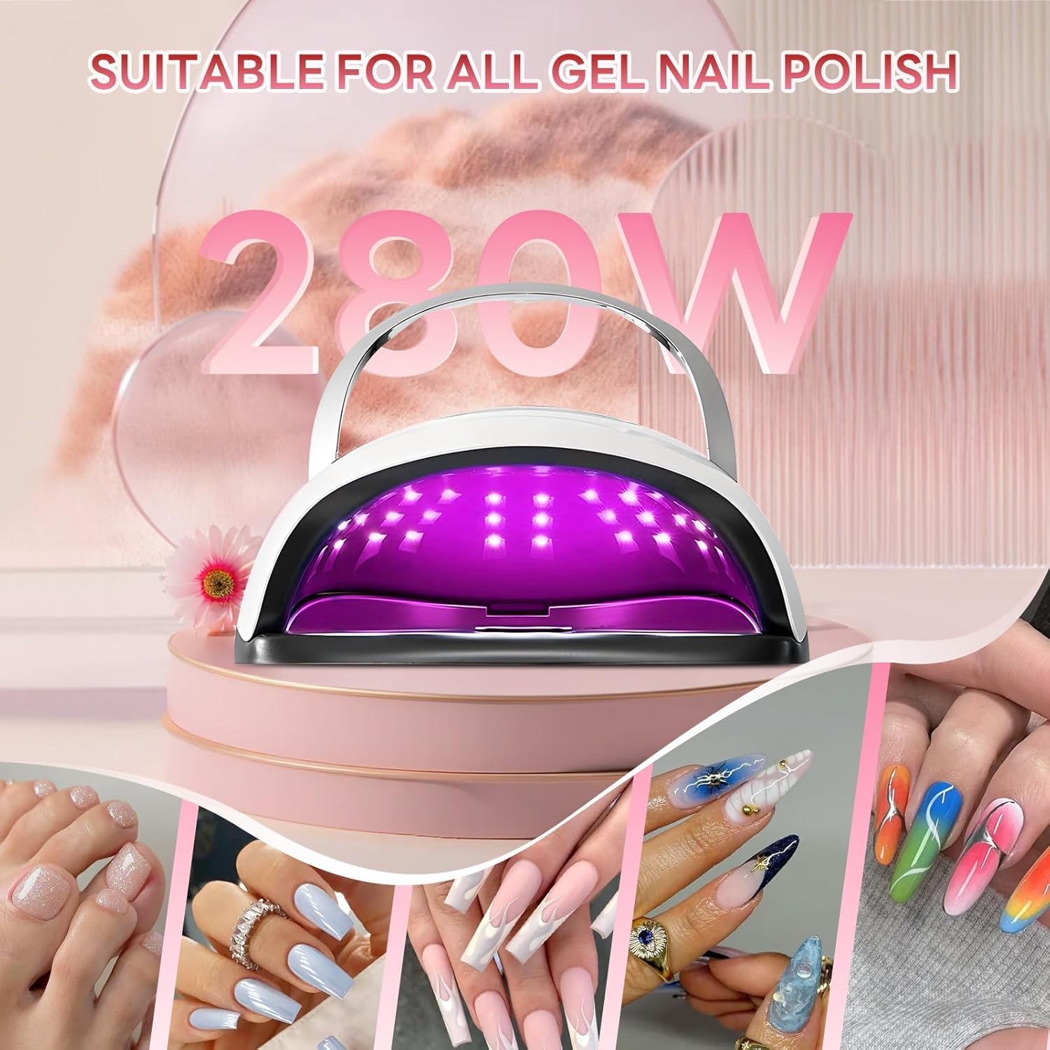 Lampe à ongles UV LED 280 W - Pour vernis à ongles gel - Avec 66 perles de lampe et capteur automatique - 4 réglages de minuterie - Outils de nail art professionnels