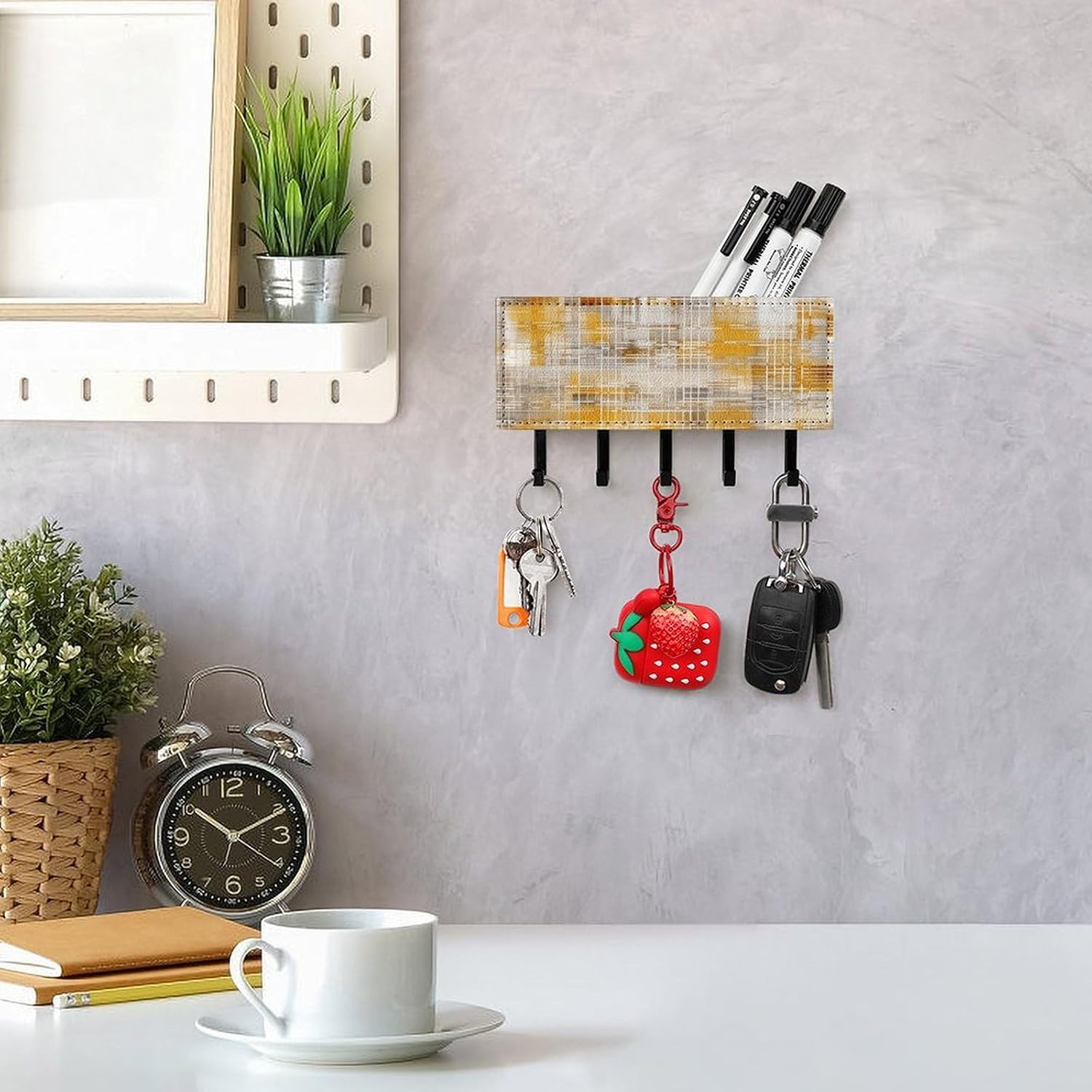 Key Holder Wall Mount Key Hanger with 5 Hooks, Decorative Key Rack | Taupe And Yellow Hanging Key Hooks with Mail Organizer for Wall Living Room Kitchen Bathroom Hallway