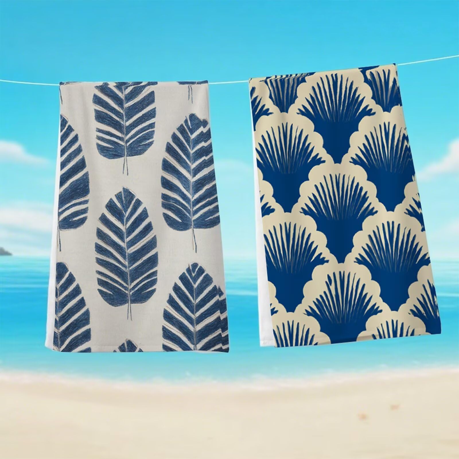 Telo Mare Microfibra 80x160 cm Telo Mare Grande, Asciugamano Palestra Assorbente Asciugatura Rapida, Asciugamano Mare Antisabbi, Compatto Stuoia Spiaggia per Piscina, Viaggio 2 Set- Blu Retrò G1-860