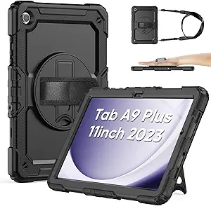Sibeitu for Galaxy Tab A9+ Plus 11'' Heavy Duty Case for Work 2023 with Screen Protector, Military Grade Defender Protection, Rugged Shockproof Tab A9+ Case W/ 360° Rotating Hand Strap & Stand, Black