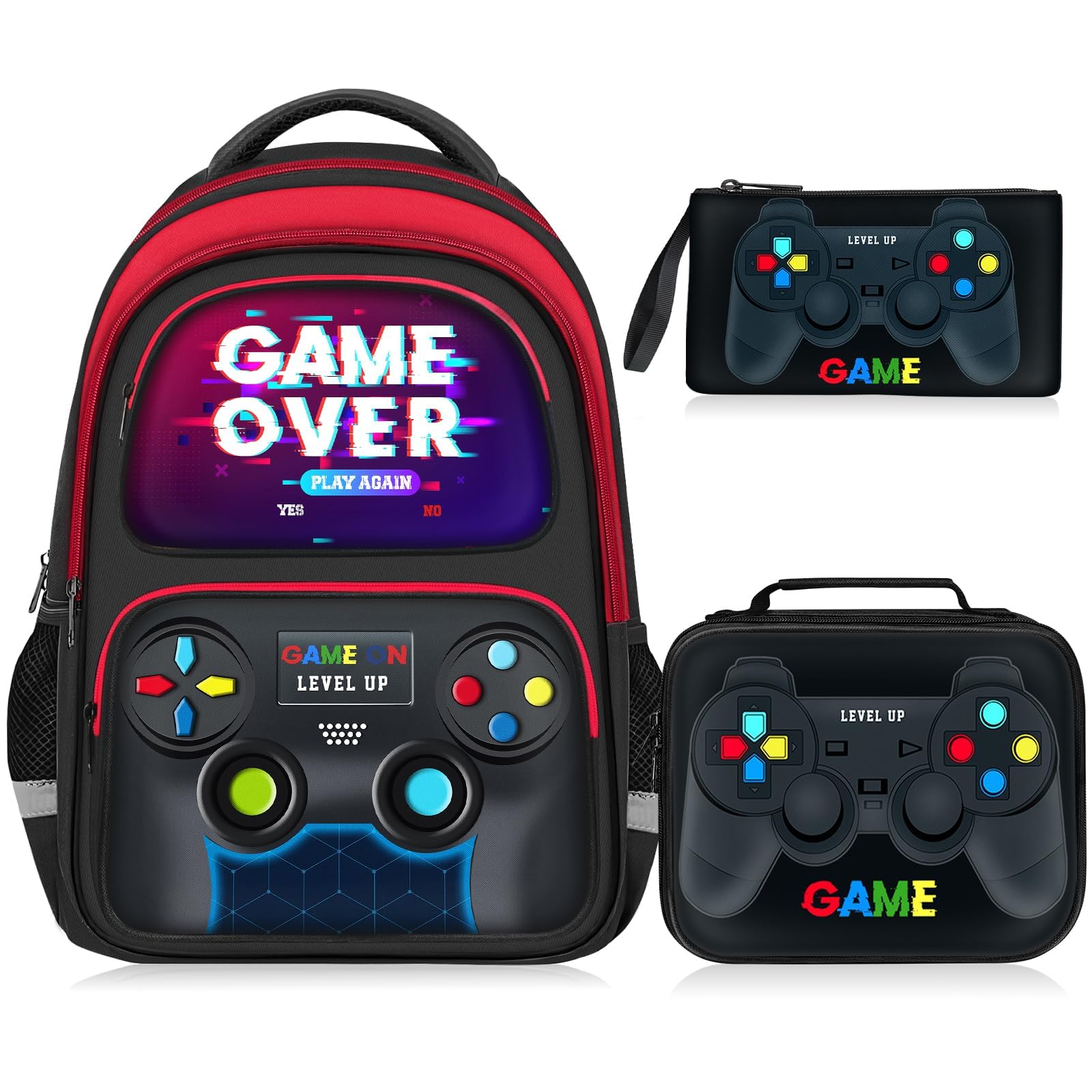 School Backpack for Boys - 3pcs Gamer Boys Backpack with Lunch Box Set for Kids Teens Elementary Middle School - 17″ Video Game Bookbag Travel Back