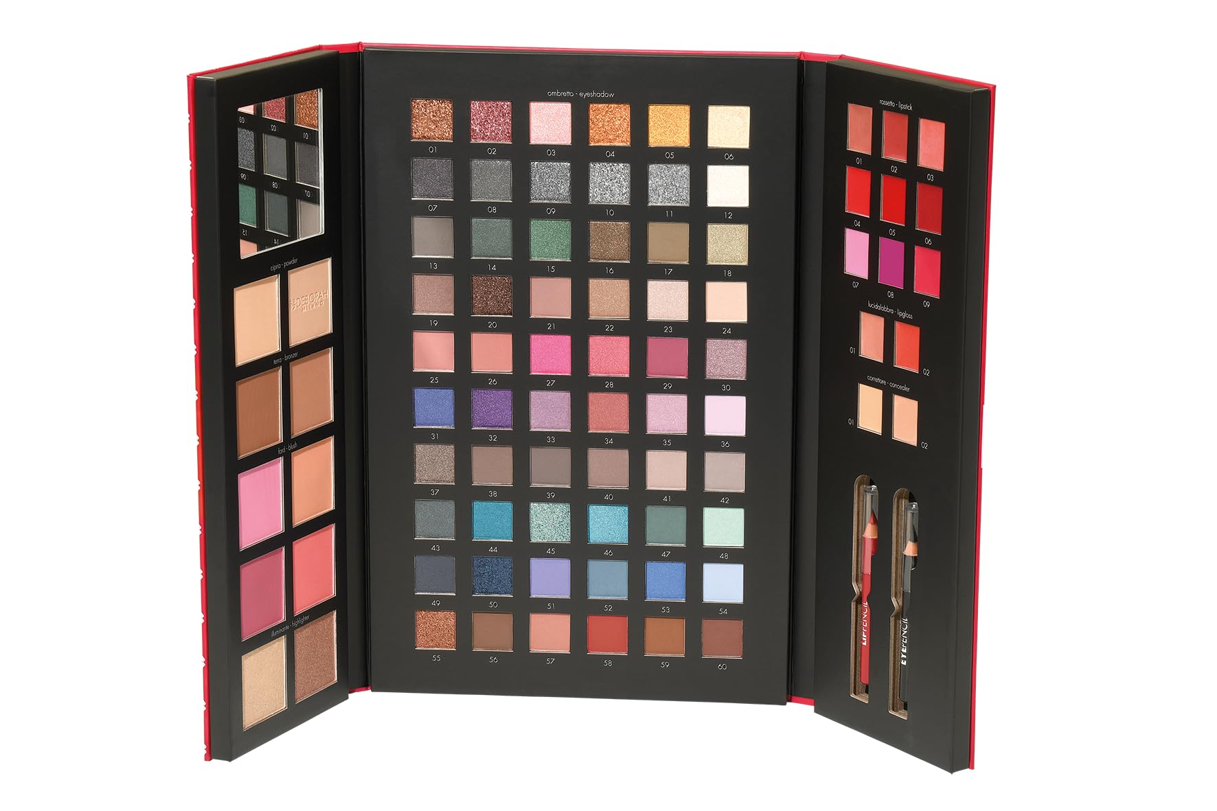 Deborah Milano - Geschenkset für Damen, Make Up Beauty Gift Nr. 4 Large, inklusive Palette von Lidschatten, Gloss, Lippenstift und Gesichtspuder mit verschiedenen Oberflächen und Farben, aus