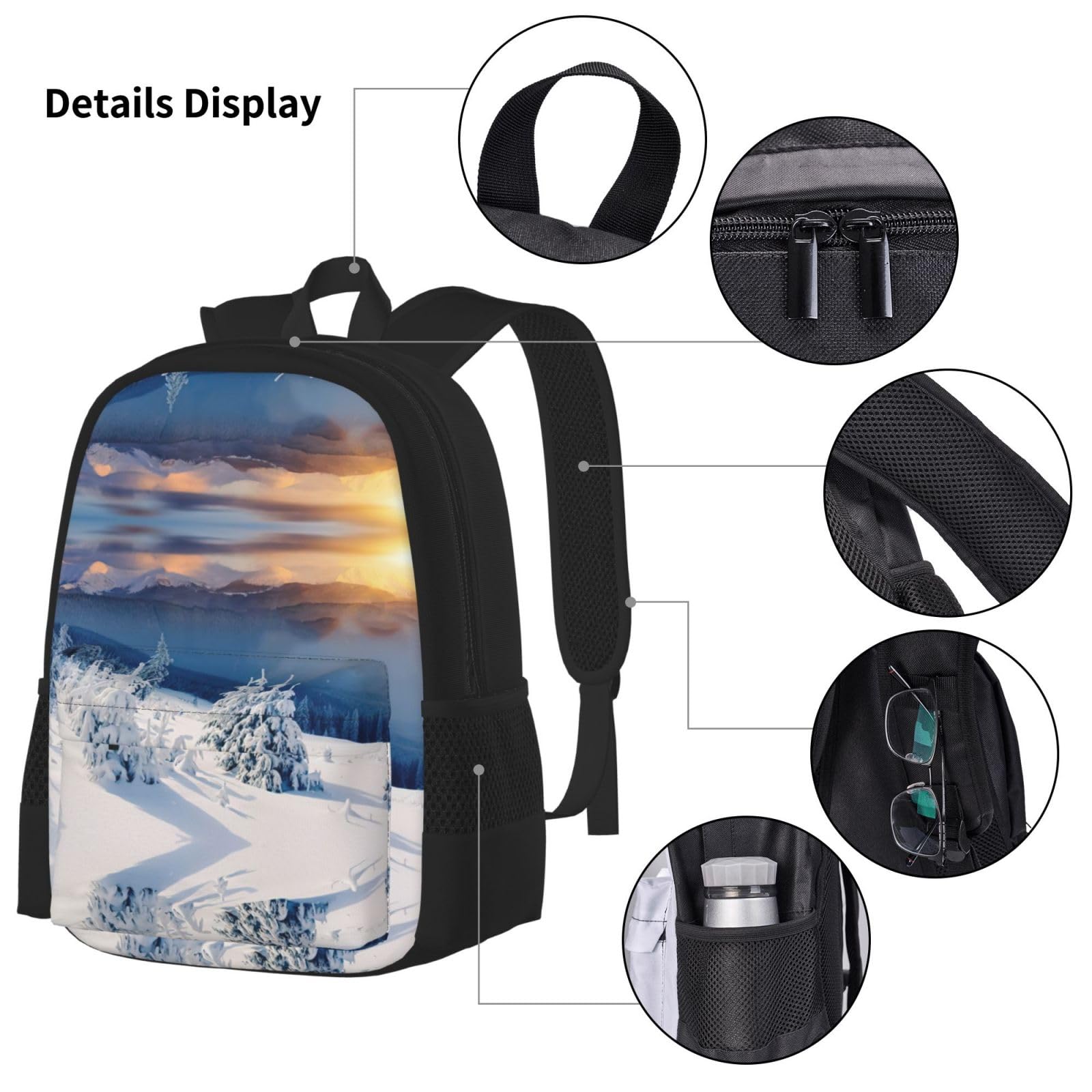 Juego de 3 mochilas escolares con estampado de atardecer y montañas de invierno, mochila para laptop resistente al agua con bolsa de almuerzo aislada y estuche para lápices para adolescentes
