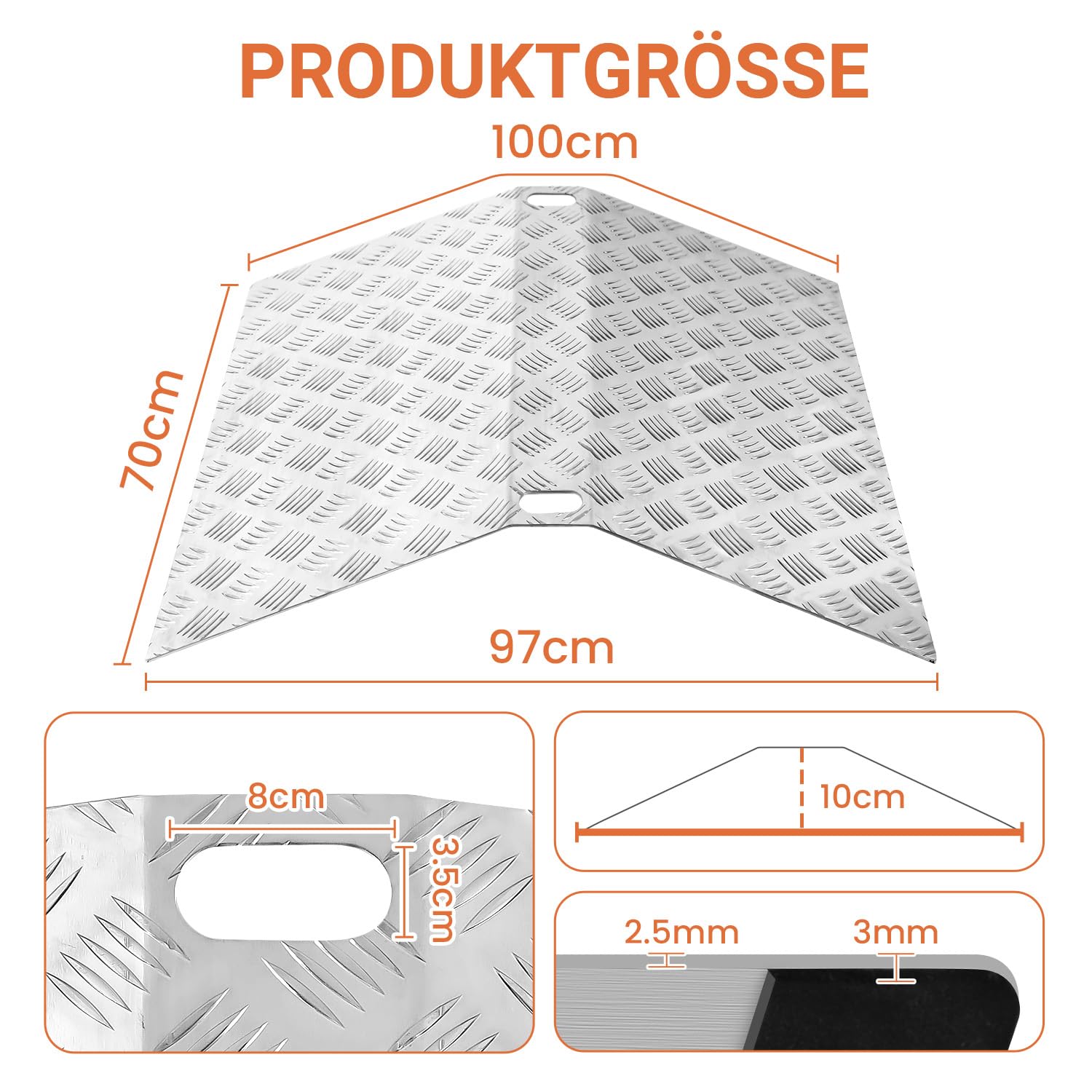 Türschwellenrampe aus Aluminium, rutschfest Schwellenrampe, Rollstuhlrampe, Brücken Schwellenrampe für Rollstuhl, Schwellenbrücke Tragfähigkeit 270 kg, Brückenrampe, 100 x 70 x 10 cm