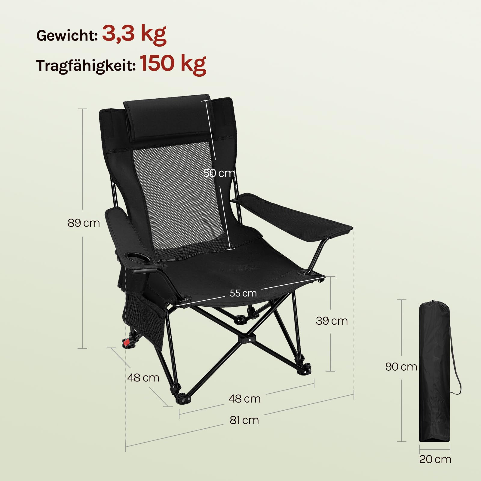 WOLTU Campingstuhl Faltbar 2 Set,Camping Klappstuhl bis 150 kg Belastbar Outdoor Angelstuhl mit Getränkehalter Abnehmbarer Kopfstütze und Seitentasche,für Angeln Picknick und Garten,Schwarz