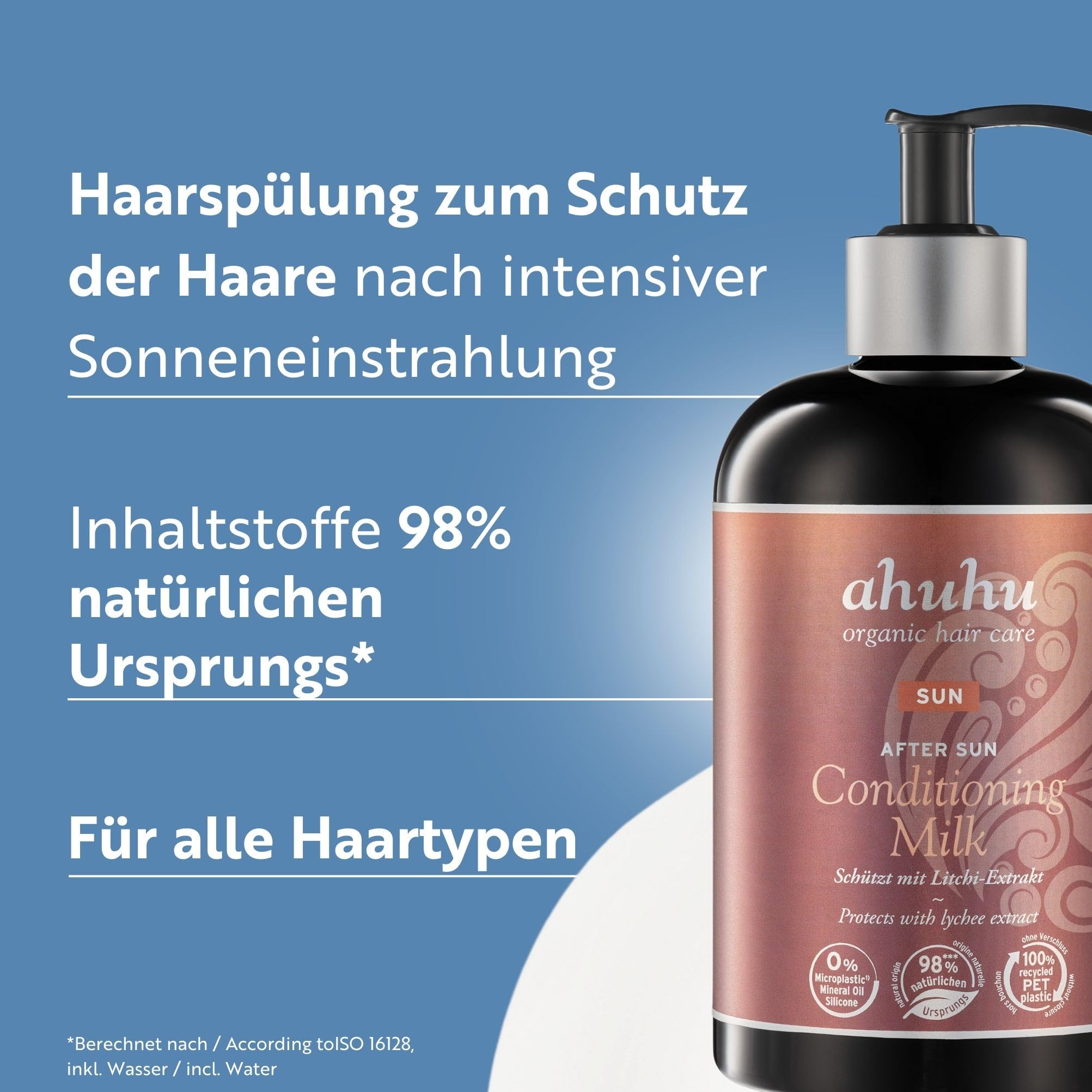 ahuhu Sun After Sun Conditioning Milk (500ml) | Feuchtigkeitsspendende Haarspülung mit Bio-Kokoswasser und Litschi-Extrakt zum Schutz vor Chlor