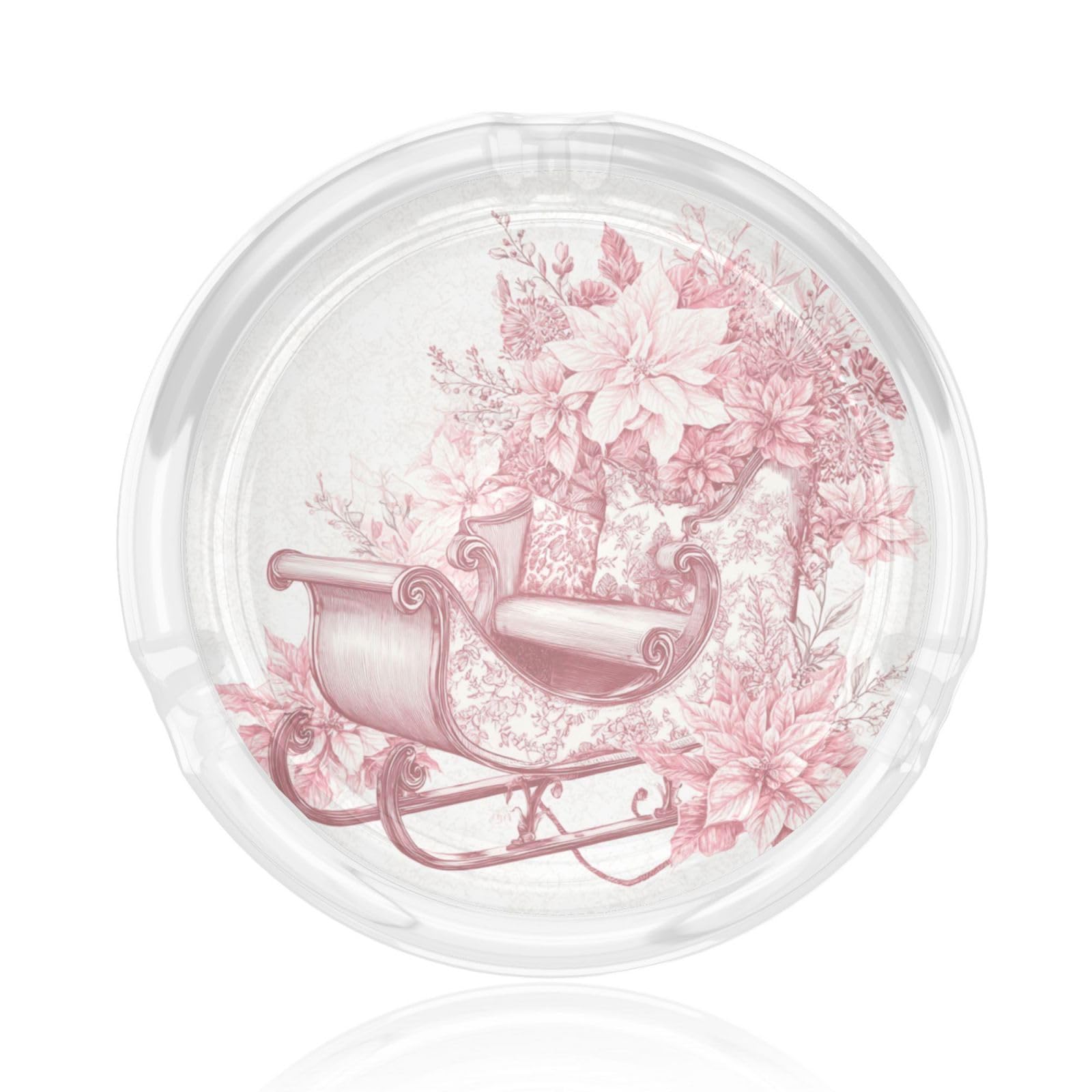 Pink Toile Christmas Sleigh With Poinsettia Floral Glass Ashtray For Cigarettes Ash Trays Case For Home Office Decor